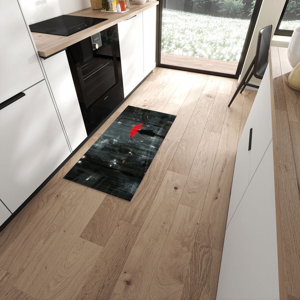 Langlebiger Küchenteppich mit Motiv Regenroter Schirm in moderner Küche #grösse_60 x 120 cm