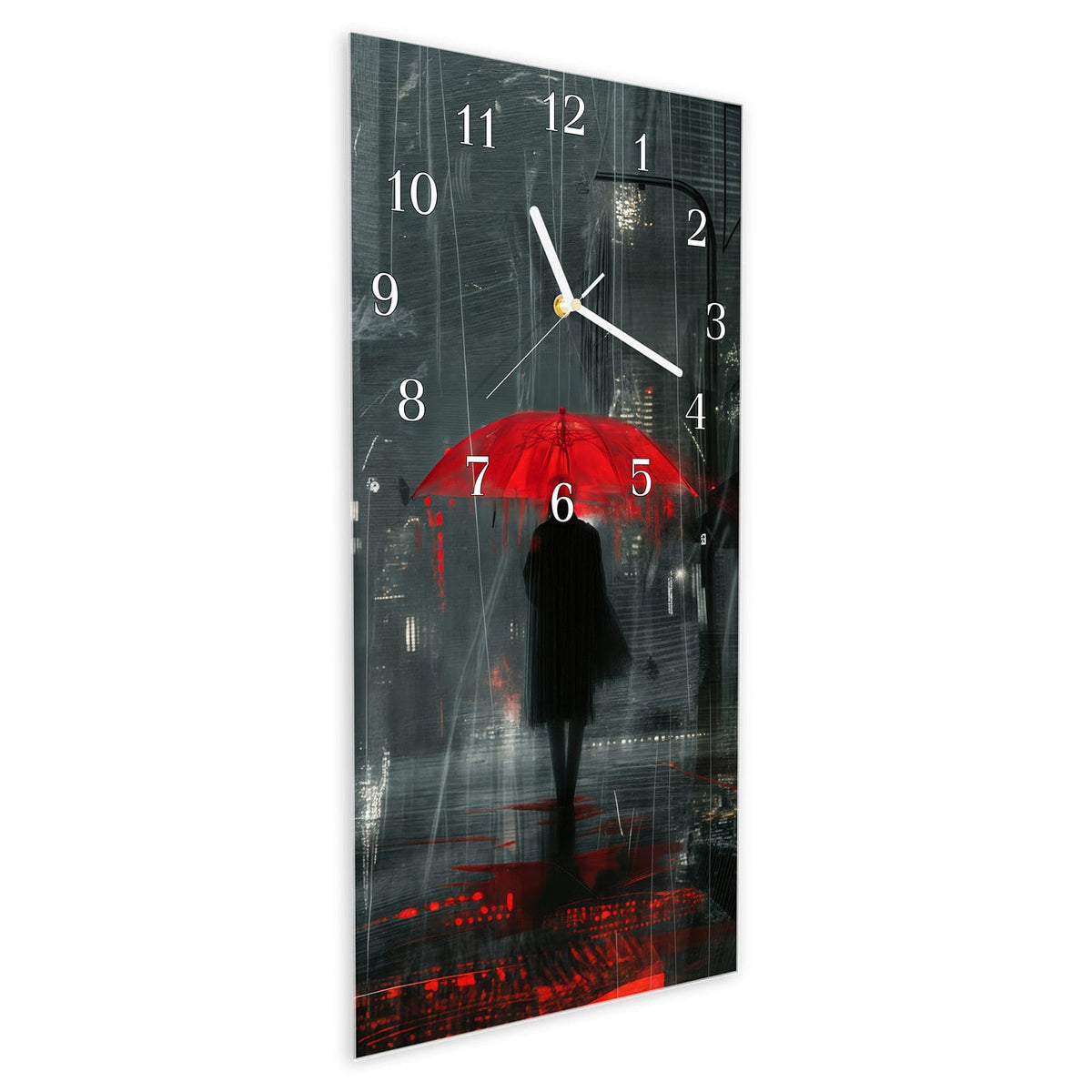 Vormontiert – mit Schwebeeffekt – Wanduhr Regenroter Schirm aus Glas – Hochformat 30 × 60 cm