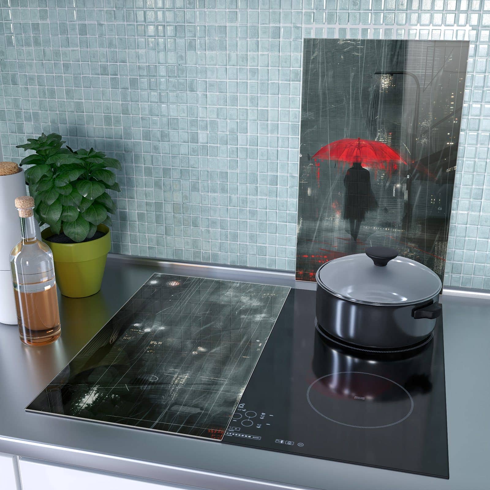 2-teilige Abdeckplatte Induktionsherd mit Regenroter Schirm-Motiv als Spritzschutz hinter dem Kochfeld