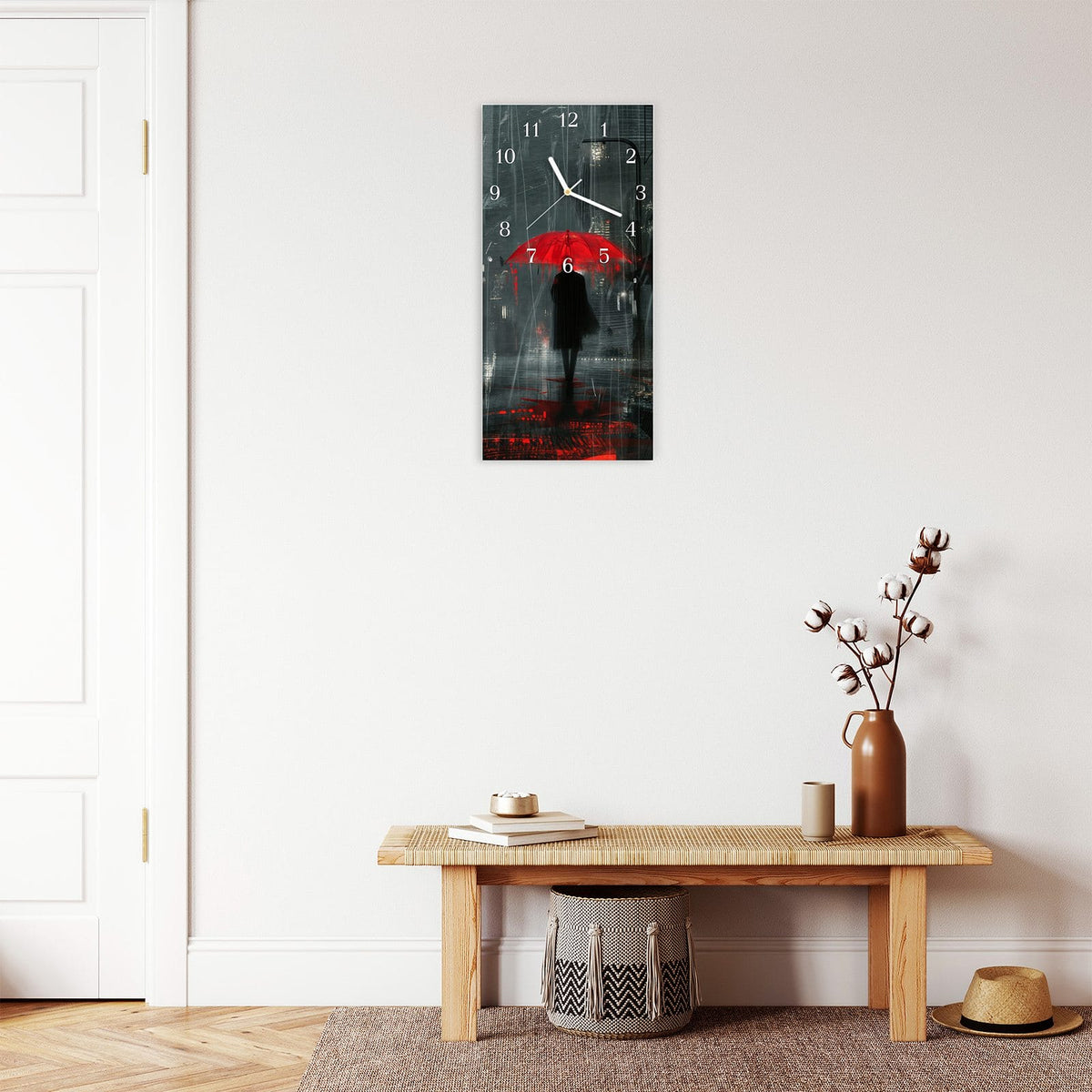 Moderne Wanduhr aus Glas mit Farbtiefe – Wanduhr Regenroter Schirm aus Glas – Hochformat 30 × 60 cm