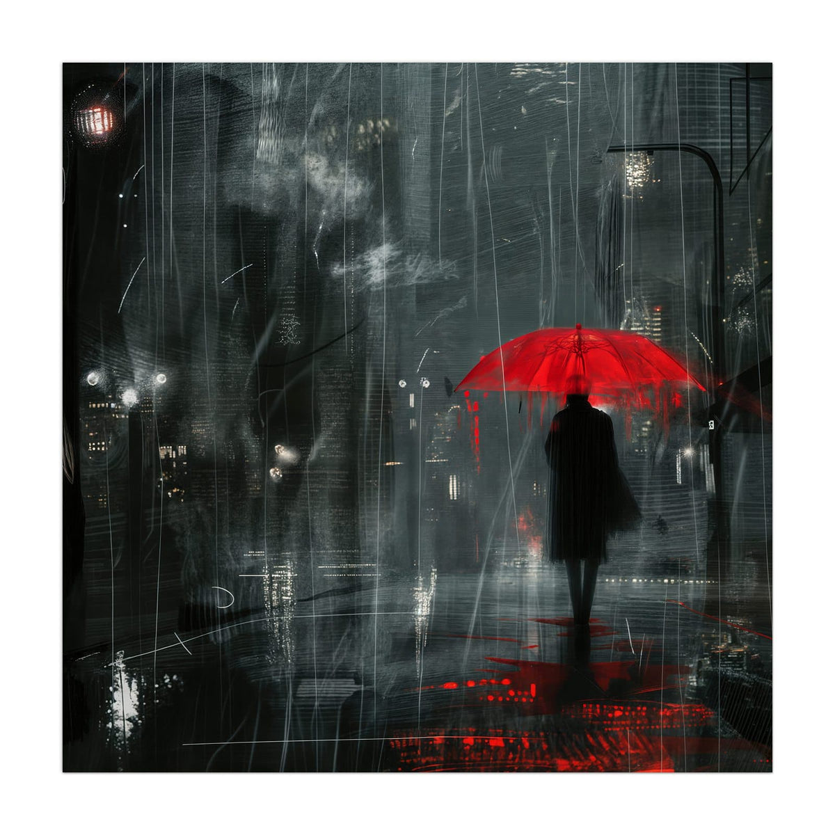Küchenrückwand aus Glas Roter Schirm bei Nacht im quadratischen Format, Motiv bildfüllend von vorn