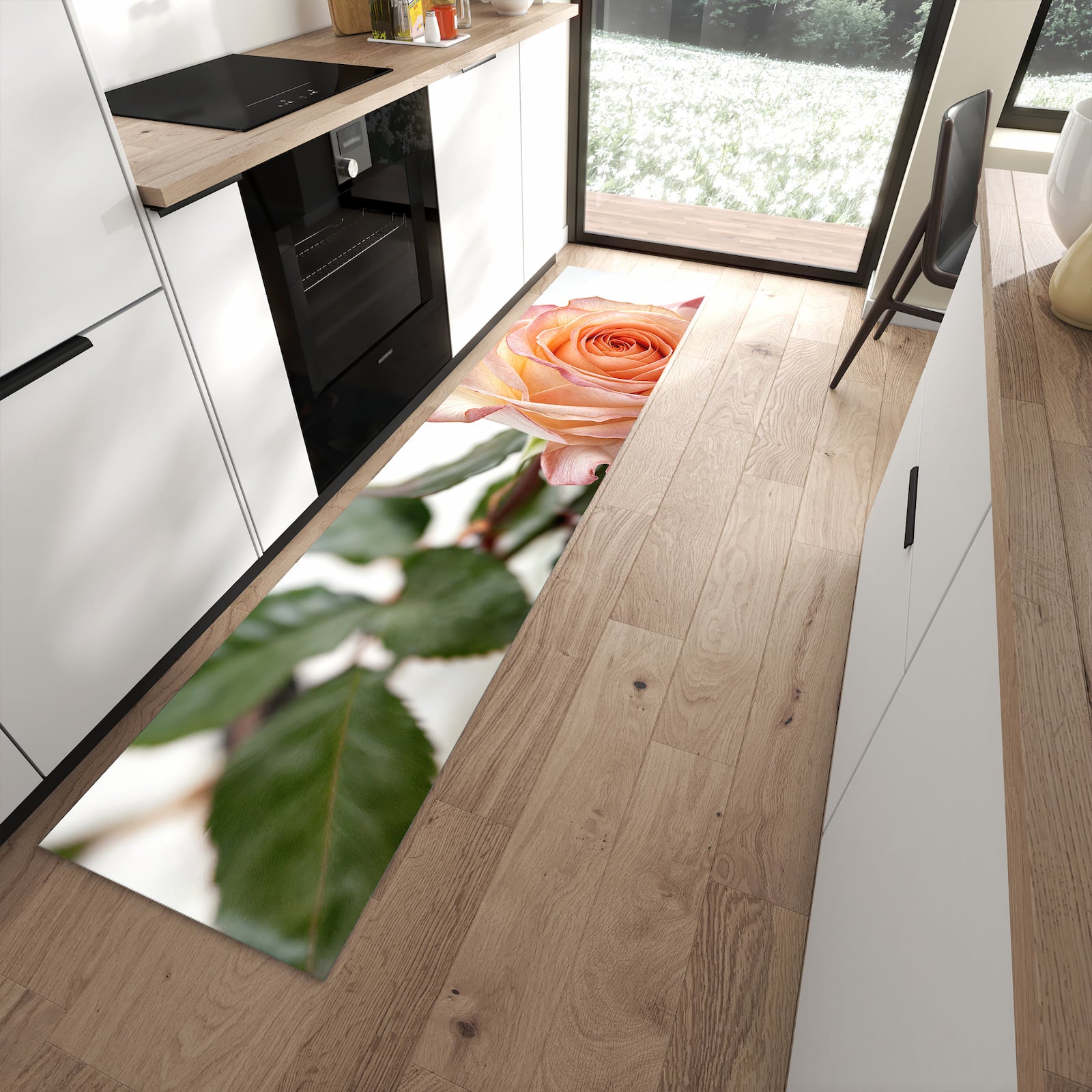 Zeitsparender moderner Küchenläufer mit Motiv Elegante Rose Blüte in moderner Küche