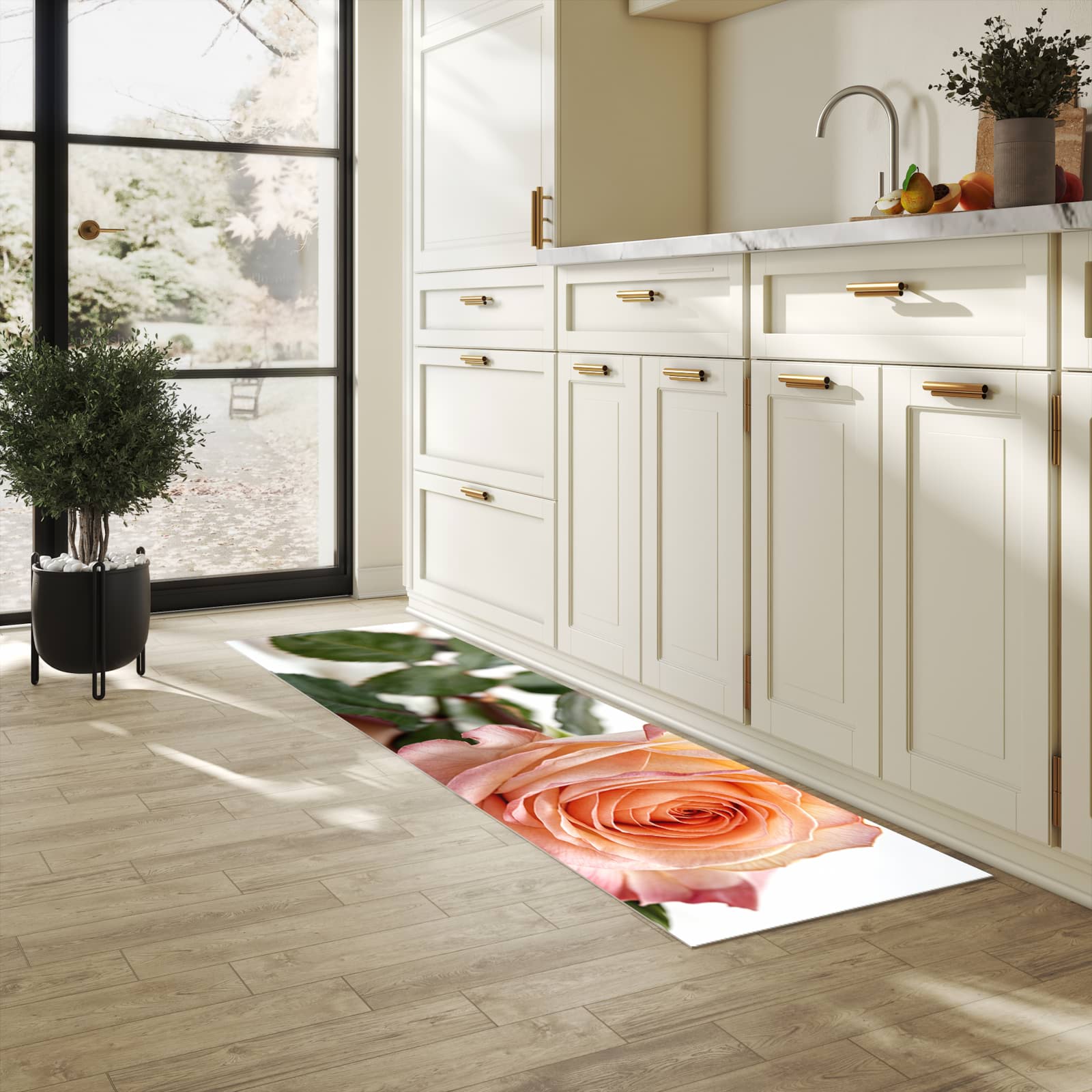 Pflegeleichter waschbarer Küchenläufer mit Motiv Elegante Rose Blüte in heller Küche