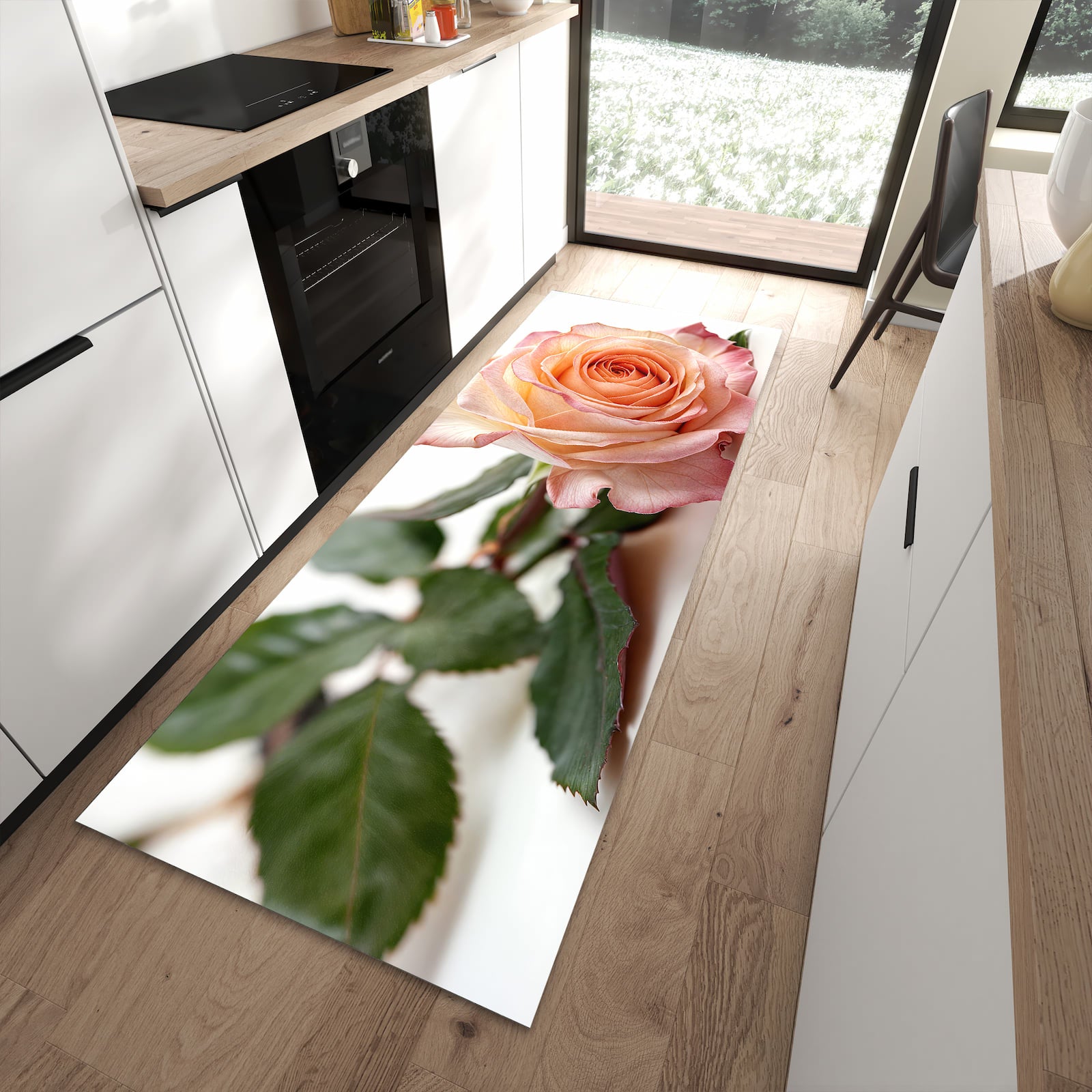 Geruchsneutraler Küchenteppich mit Motiv Elegante Rose Blüte in moderner Küche