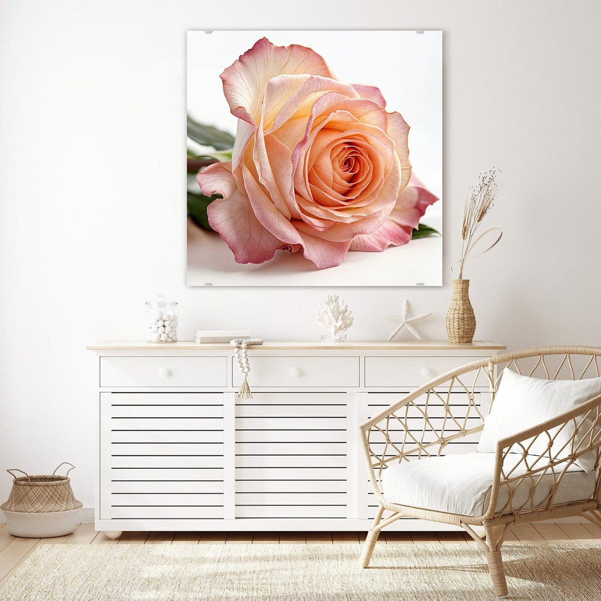 Echtglas, 4 mm – kein Acryl, keine Folie – Wandbild - Rose in Apricot - Quadratisch