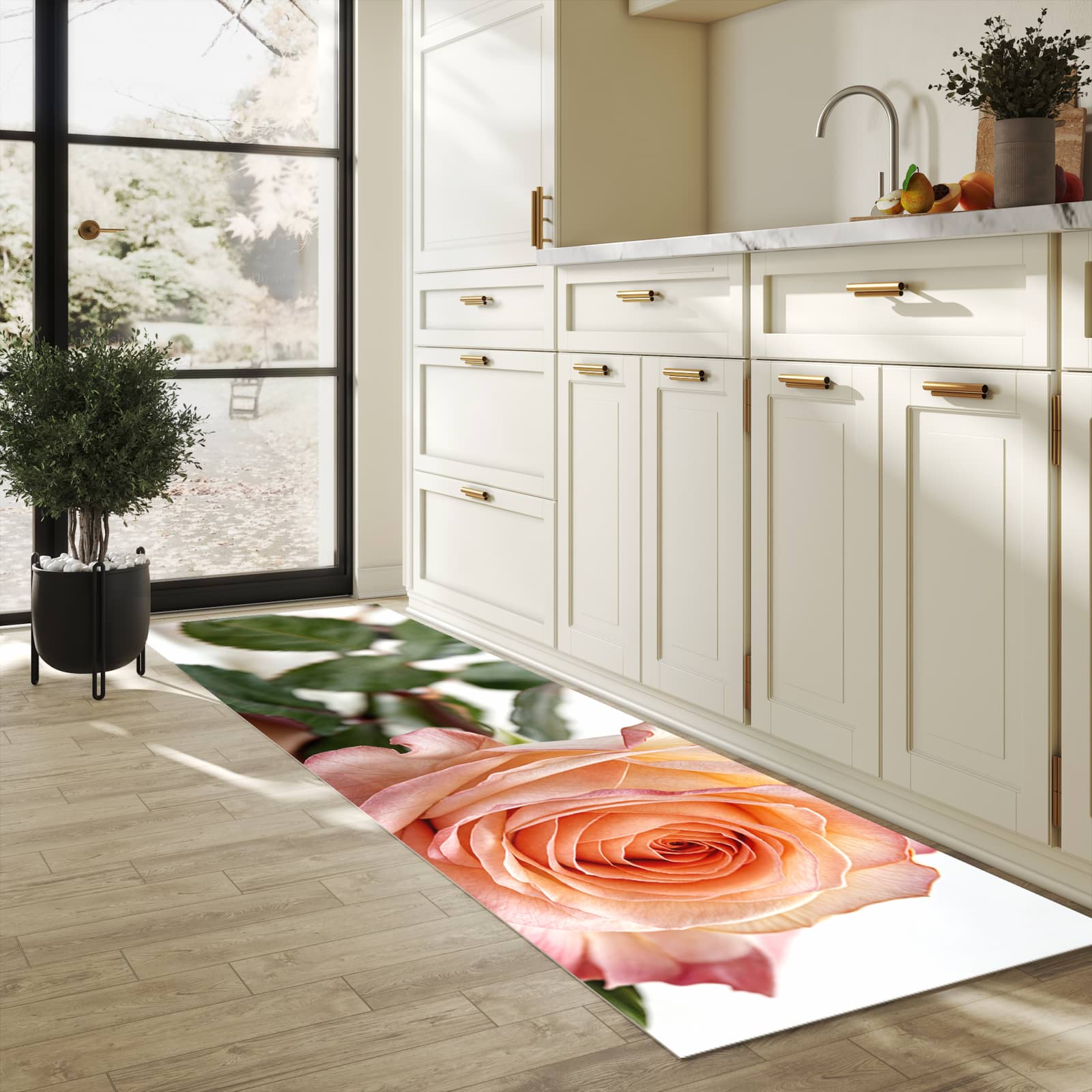 Abwaschbarer Küchenteppich mit Motiv Elegante Rose Blüte in heller Küche