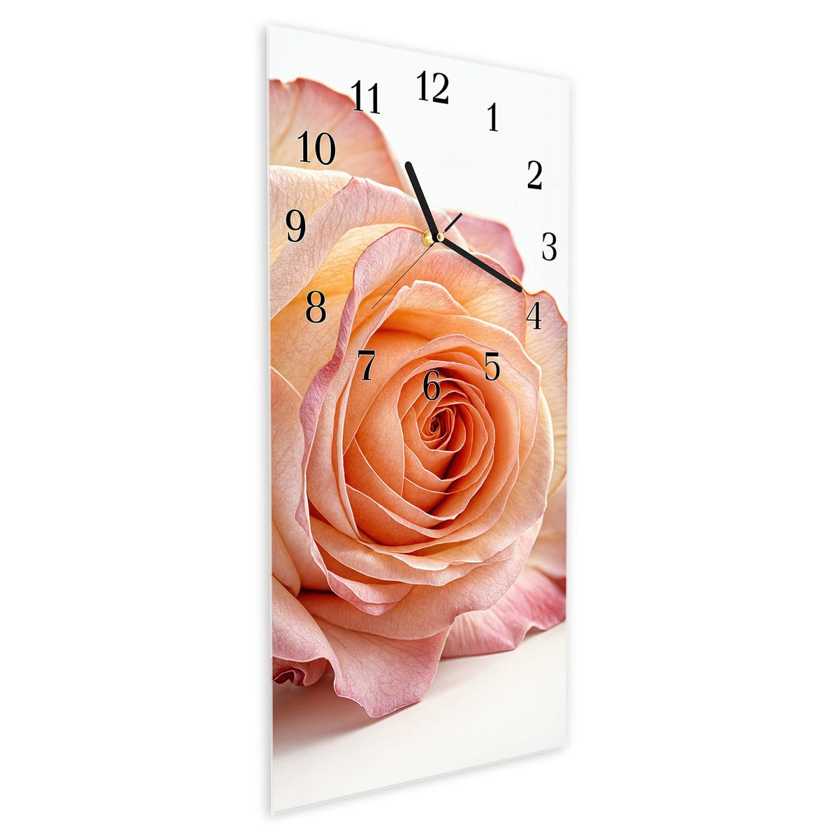 Vormontiert – mit Schwebeeffekt – Wanduhr Elegante Rose Blüte aus Glas – Hochformat 30 × 60 cm