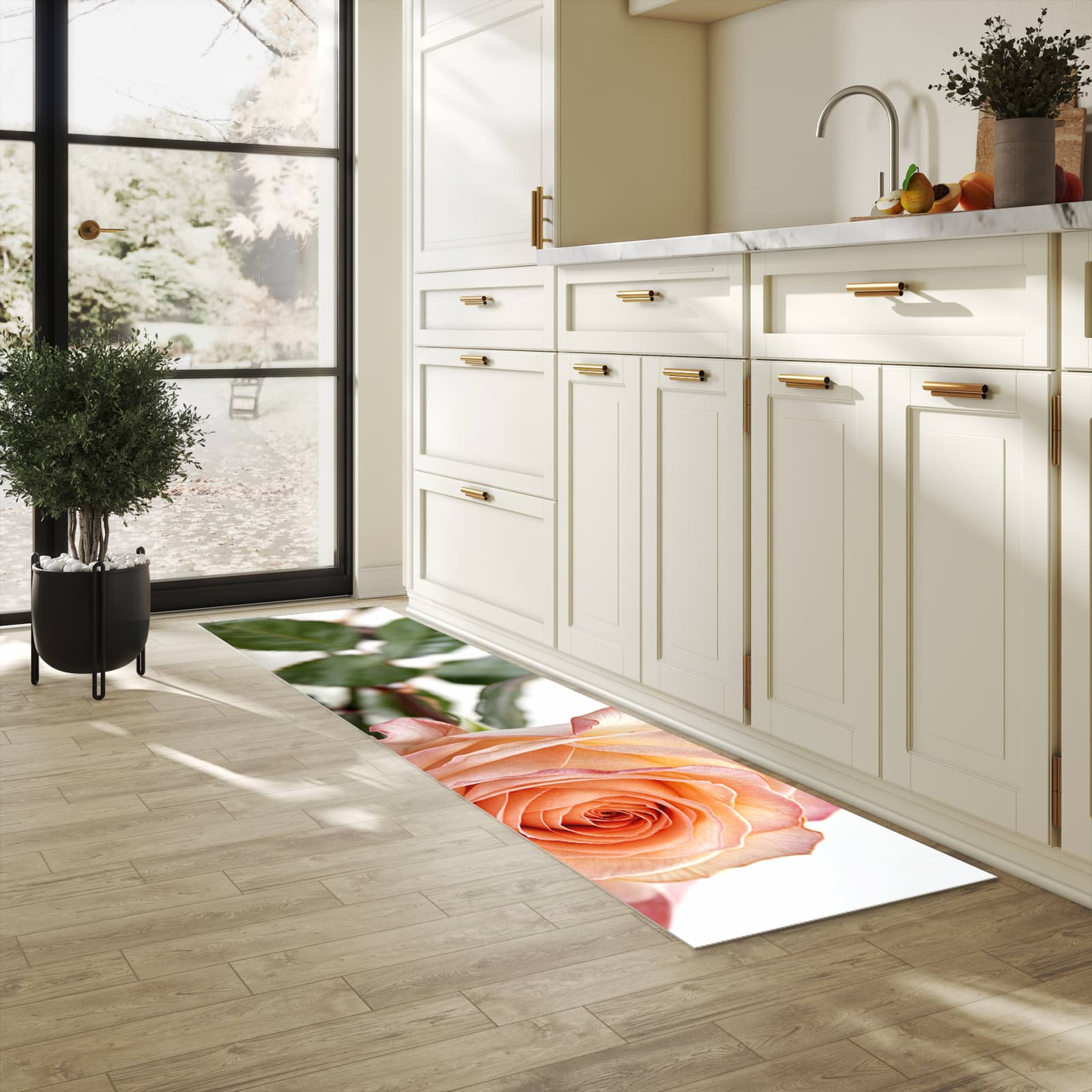 Komfortabler rutschfester Küchenläufer mit Motiv Elegante Rose Blüte in heller Küche