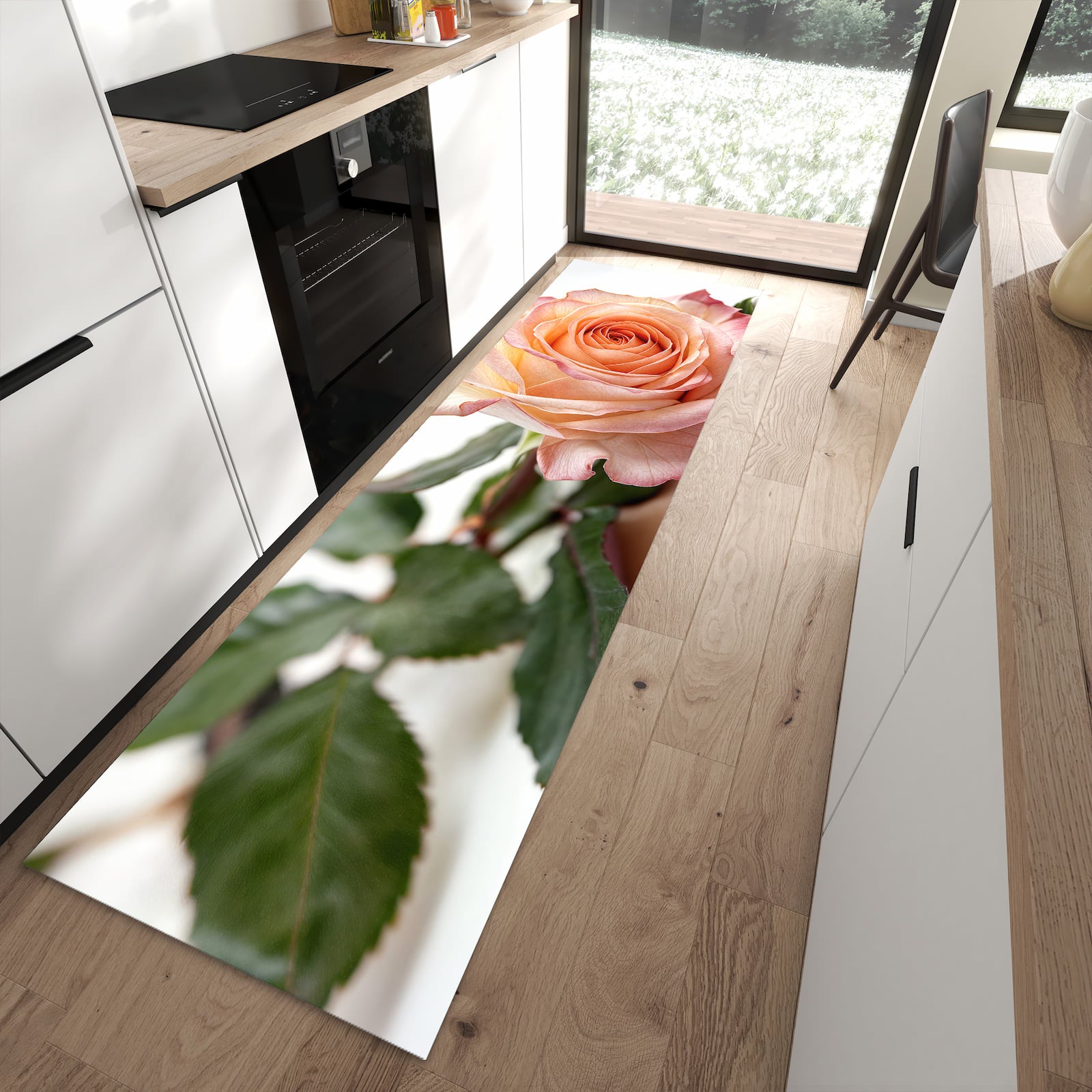 Wasserabweisender Teppich für Küche mit Motiv Elegante Rose Blüte in moderner Küche