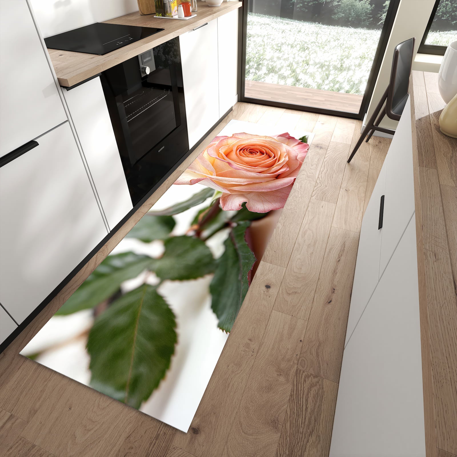 Komfortabler Küchenteppich mit Motiv Elegante Rose Blüte in moderner Küche