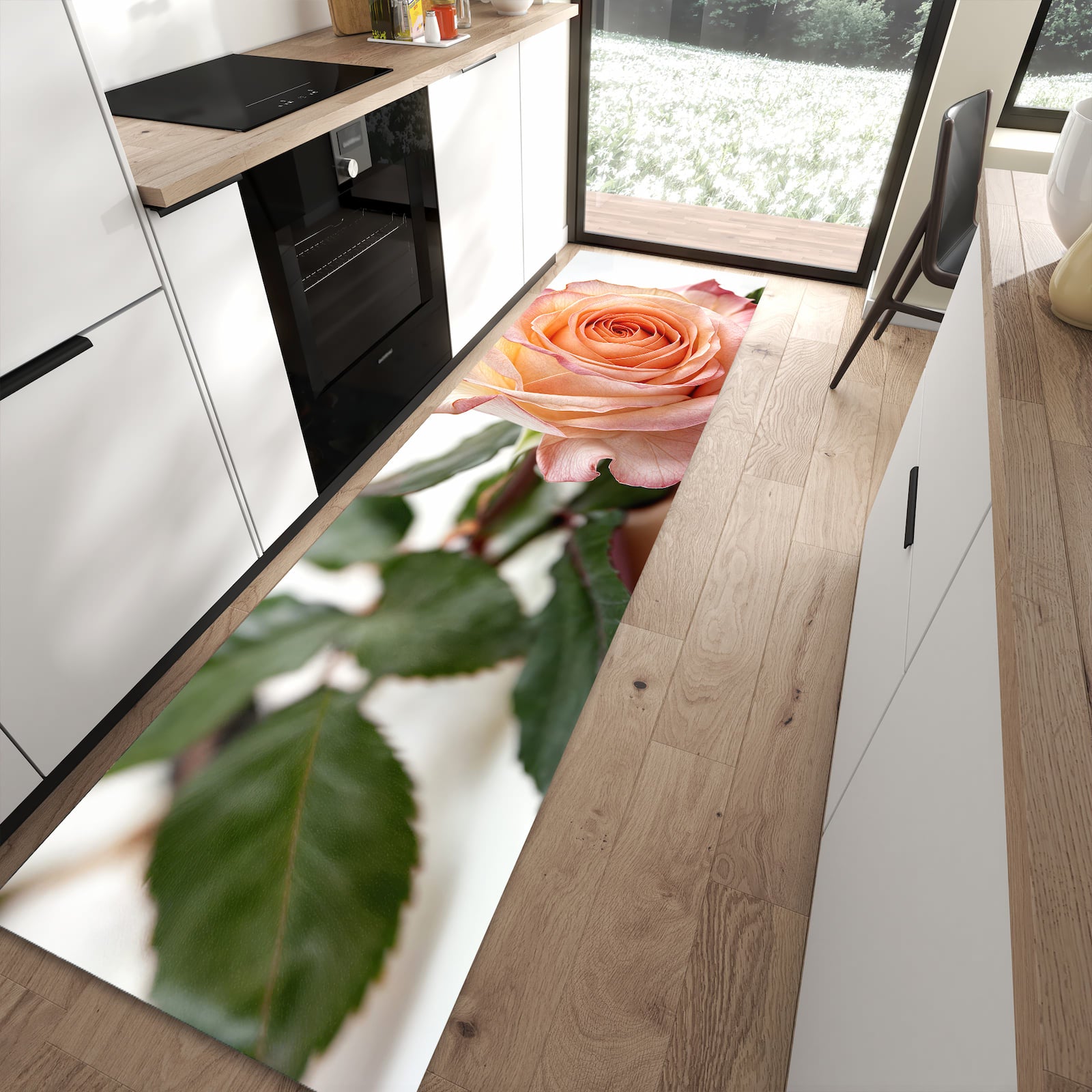 Fleckenresistenter Küchenteppich mit Motiv Elegante Rose Blüte in moderner Küche