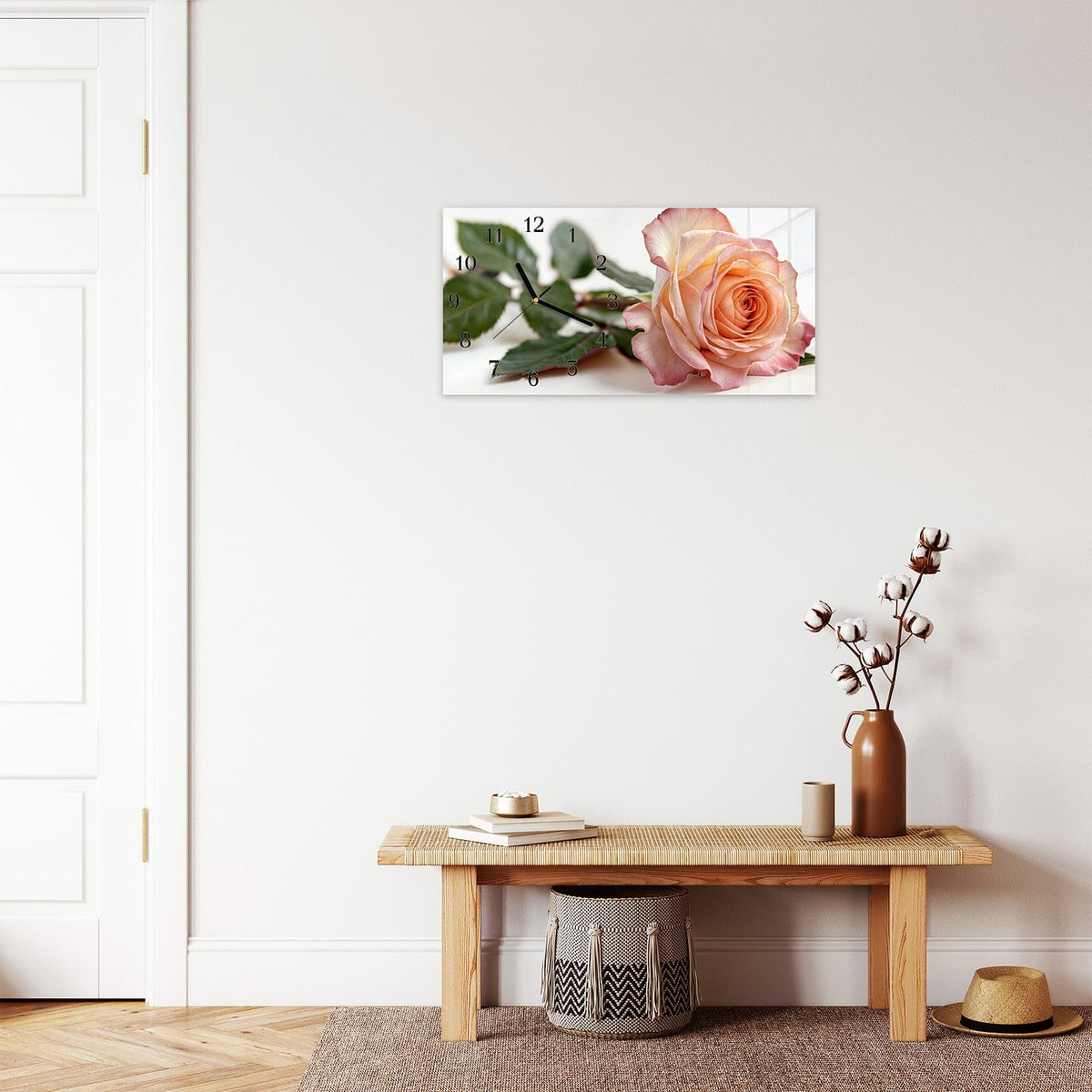 Moderne Wanduhr aus Glas mit Farbtiefe – Wanduhr Elegante Rose Blüte aus Glas – Querformat 60 × 30 cm