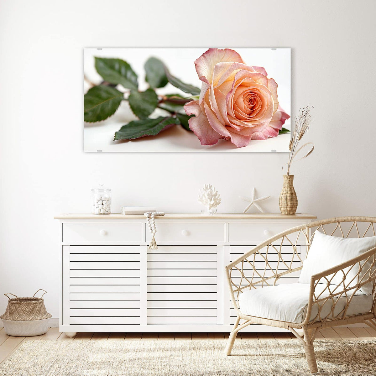 Echtglas, 4 mm – kein Acryl, keine Folie – Wandbild - Rose in Apricot - Querformat