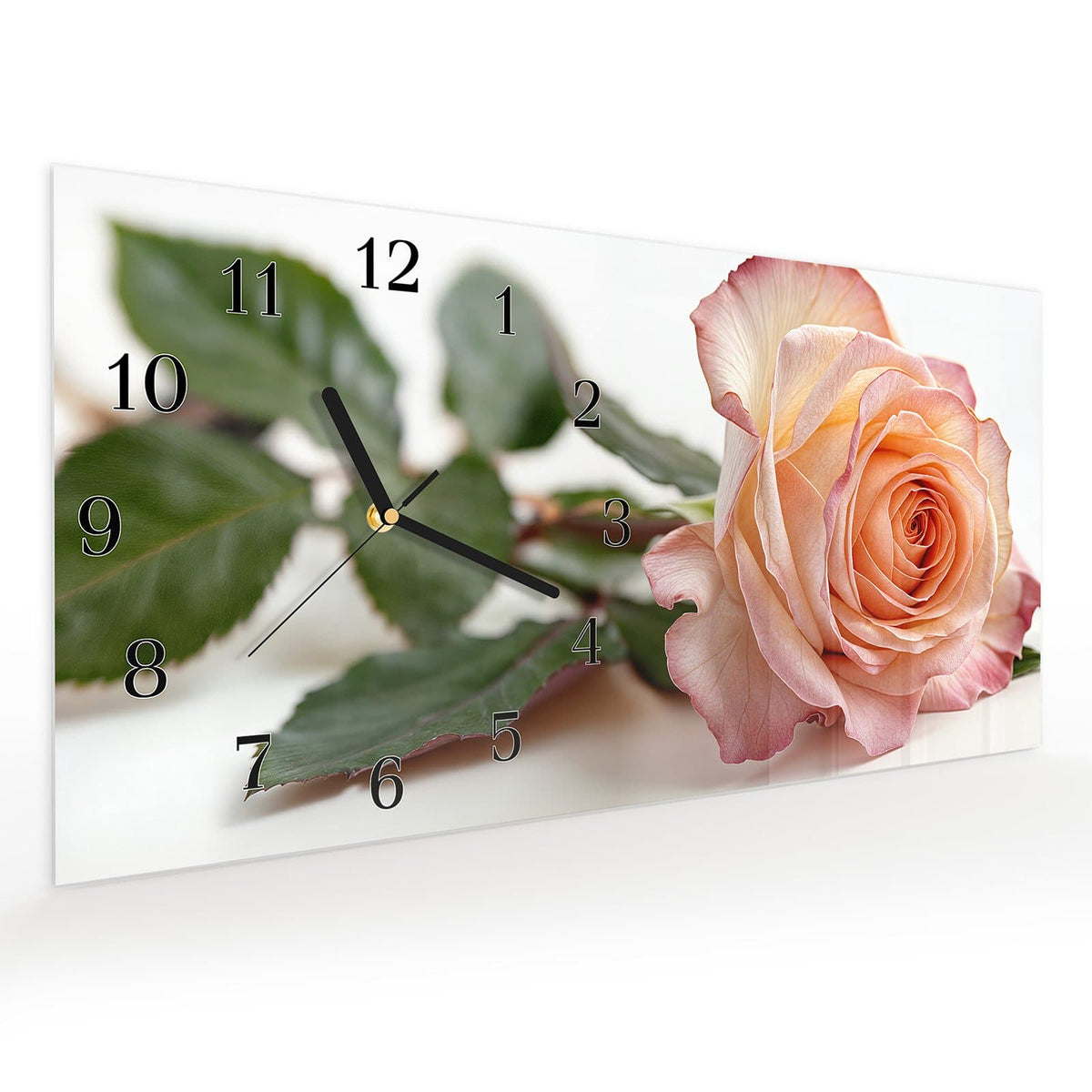 Vormontiert – mit Schwebeeffekt – Wanduhr Elegante Rose Blüte aus Glas – Querformat 60 × 30 cm