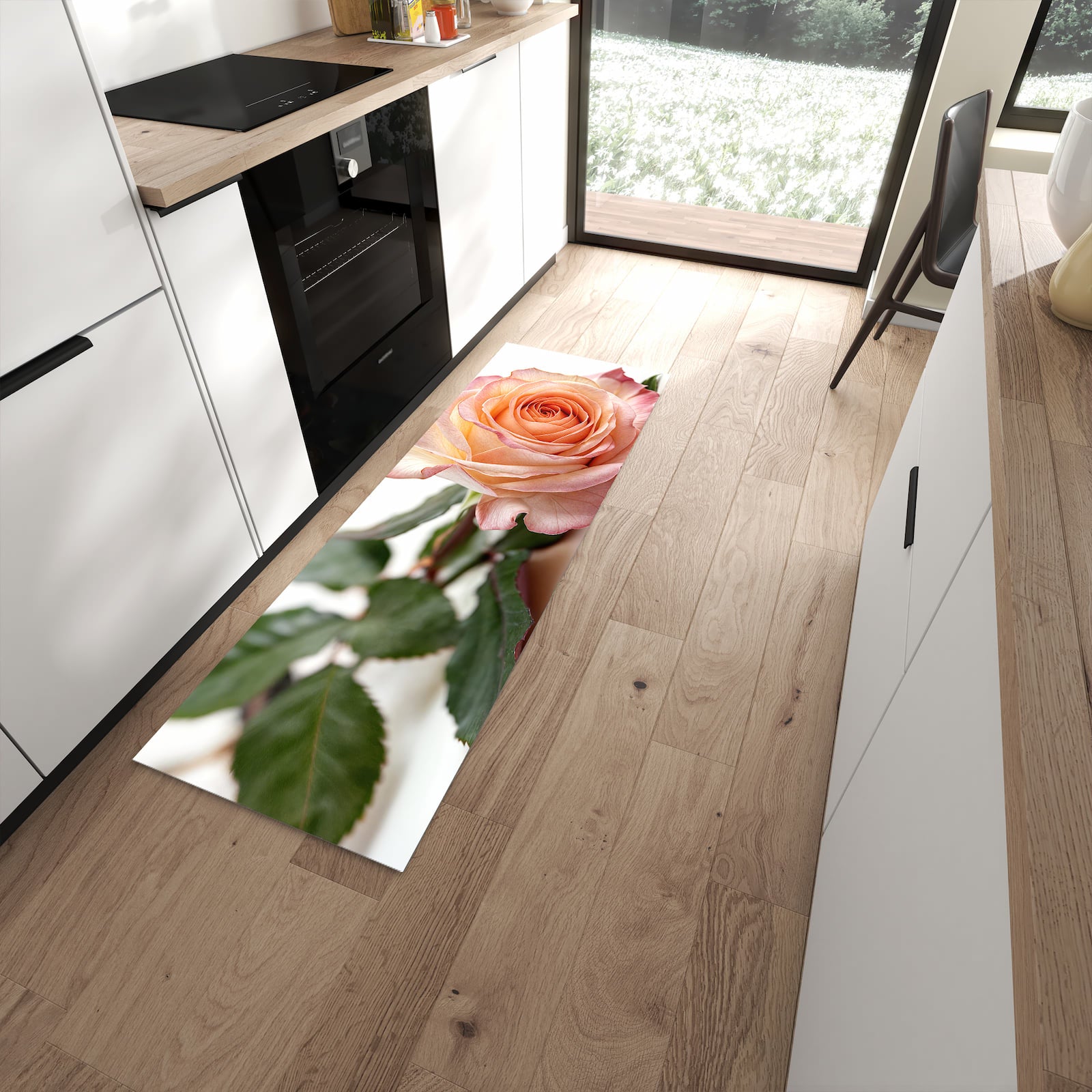 Formstabiler Küchenläufer nach Maß mit Motiv Elegante Rose Blüte in moderner Küche