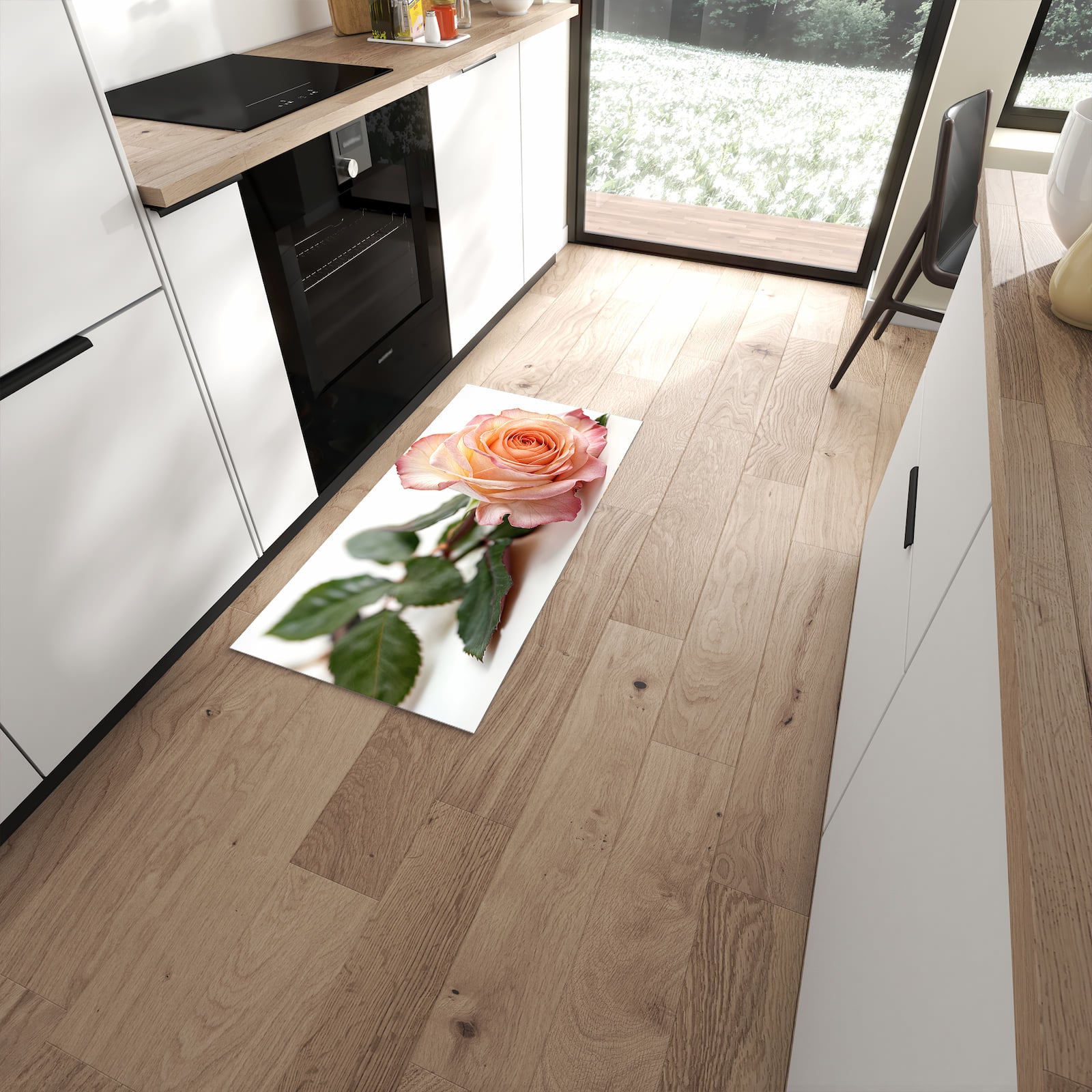 Bodenschonender rutschfester Küchenläufer mit Motiv Elegante Rose Blüte in moderner Küche #grösse_60 x 120 cm