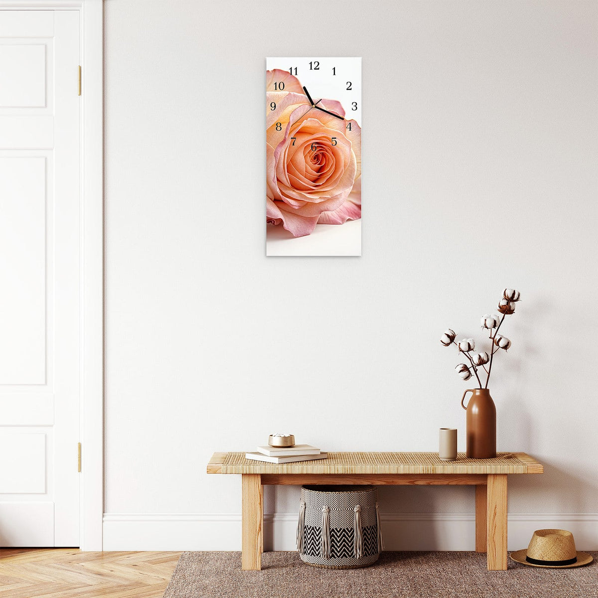 Moderne Wanduhr aus Glas mit Farbtiefe – Wanduhr Elegante Rose Blüte aus Glas – Hochformat 30 × 60 cm
