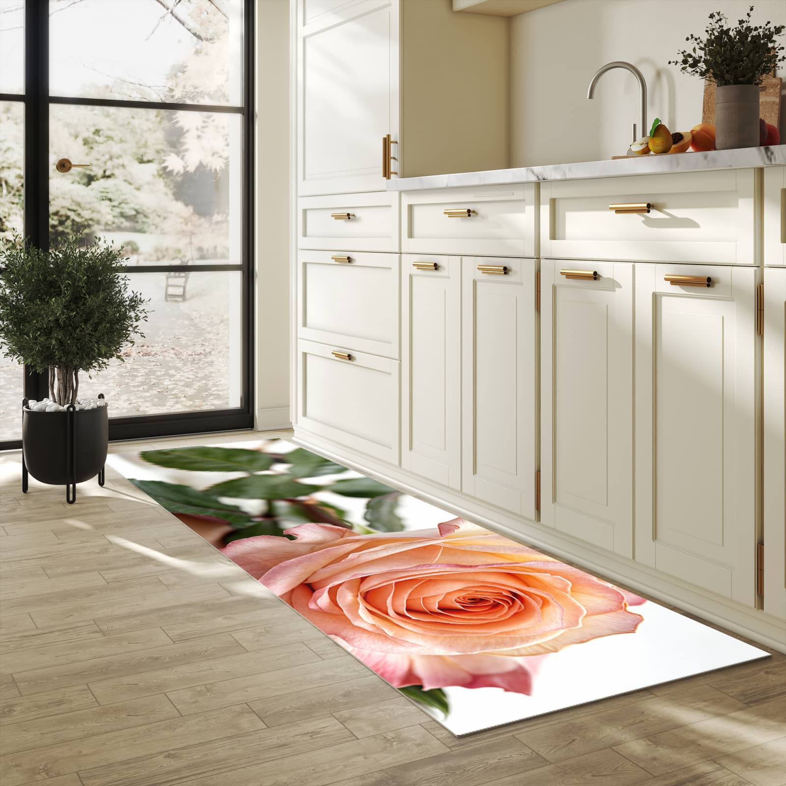Strapazierfähiger abwaschbarer Küchenläufer mit Motiv Elegante Rose Blüte in heller Küche