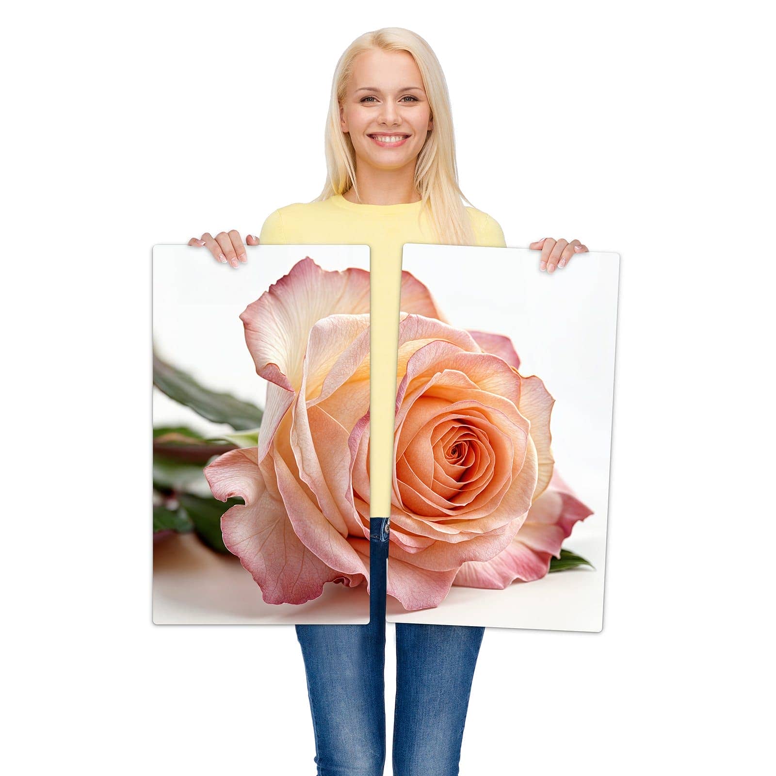 2-teilige Herdabdeckplatten mit Elegante Rose Blüte-Motiv werden zur Größendarstellung gehalten