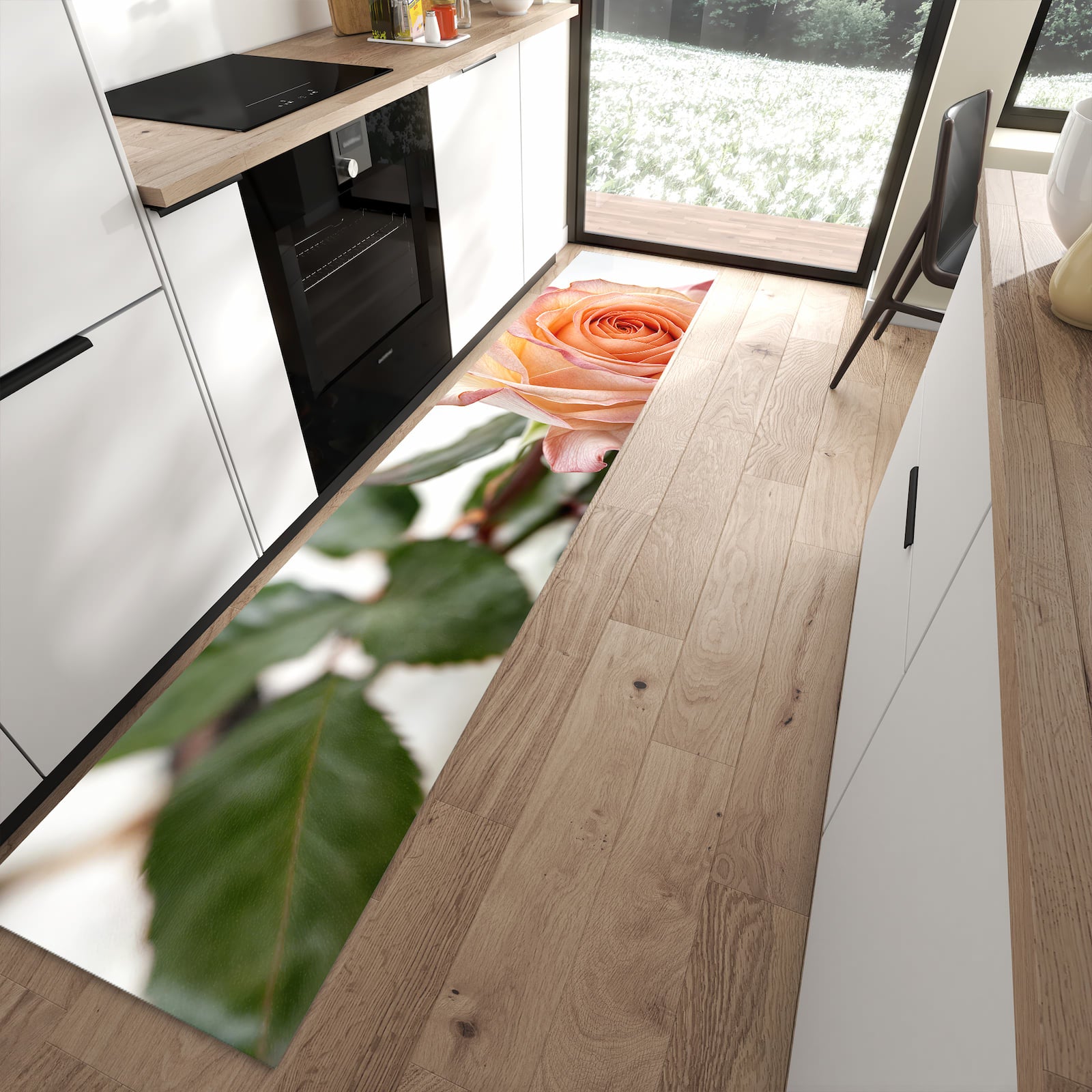 Geräuschdämpfender abwaschbarer Küchenläufer mit Motiv Elegante Rose Blüte in moderner Küche