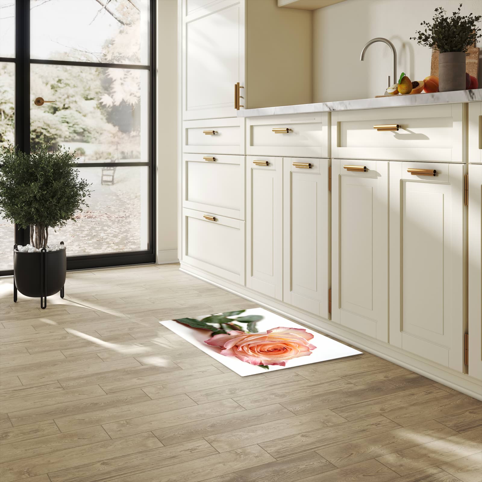 Pflegeleichter Küchenläufer nach Maß mit Motiv Elegante Rose Blüte in heller Küche