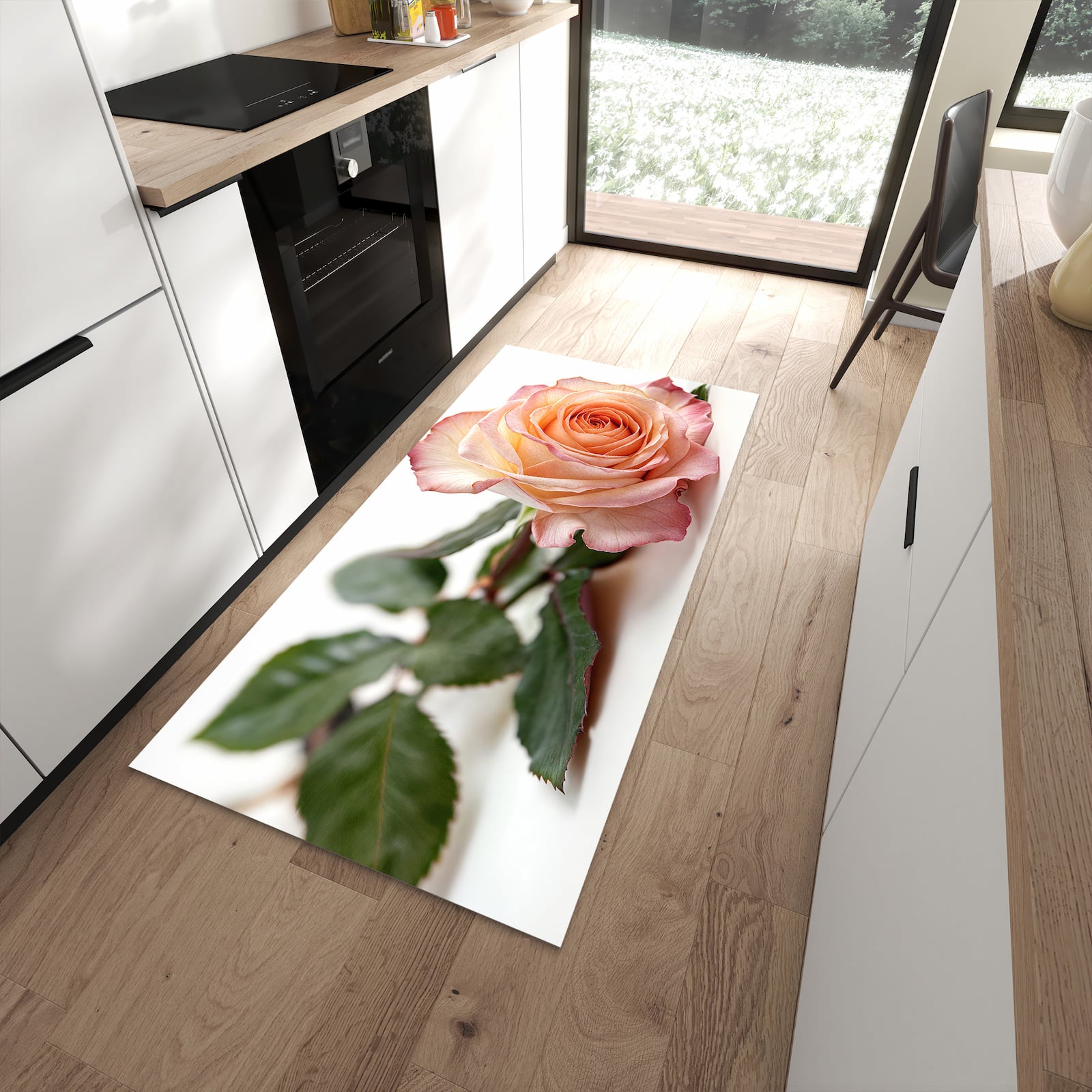 Schmutzabweisender Teppich für die Küche mit Motiv Elegante Rose Blüte in moderner Küche