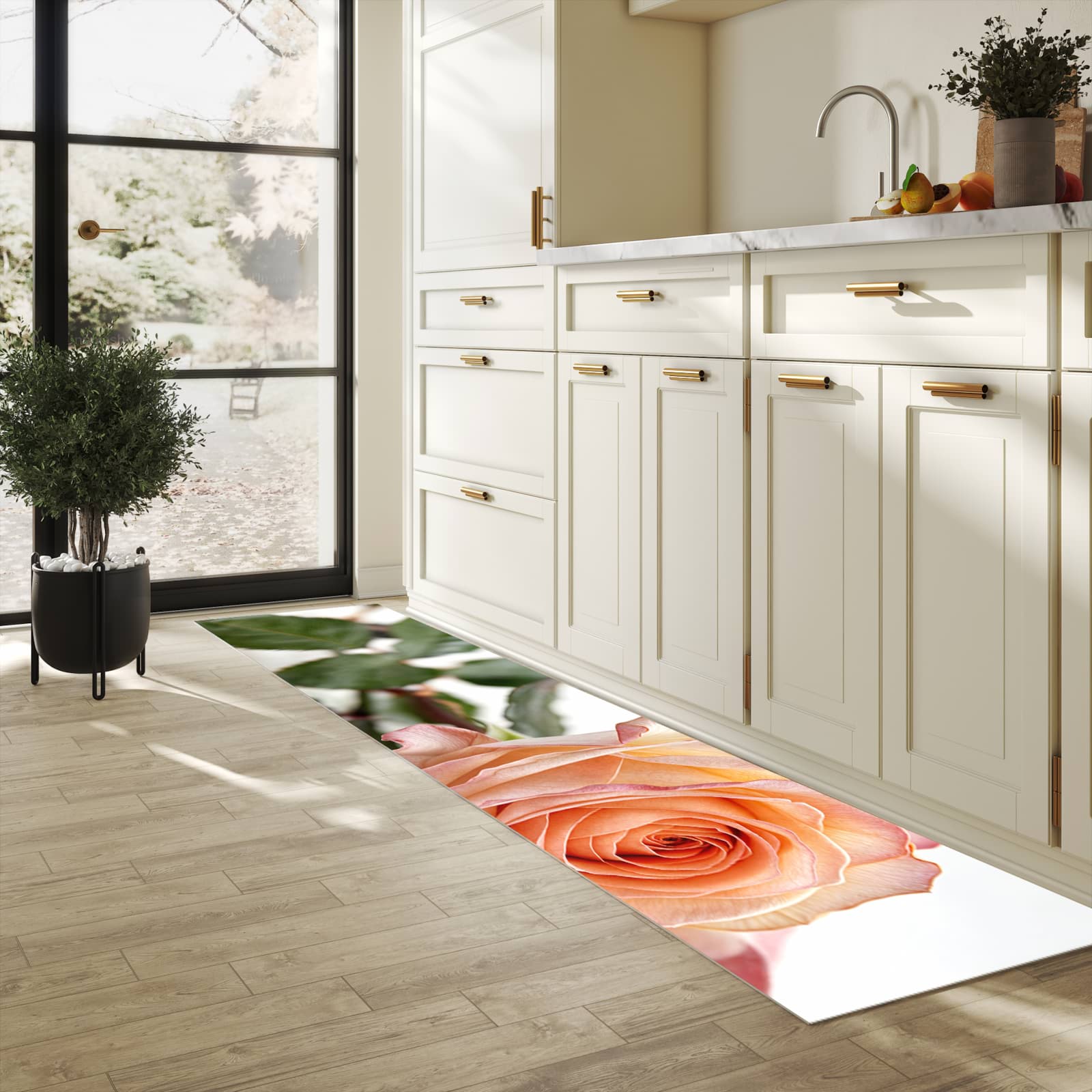 Rutschfester Küchenläufer mit Motiv Elegante Rose Blüte in heller Küche