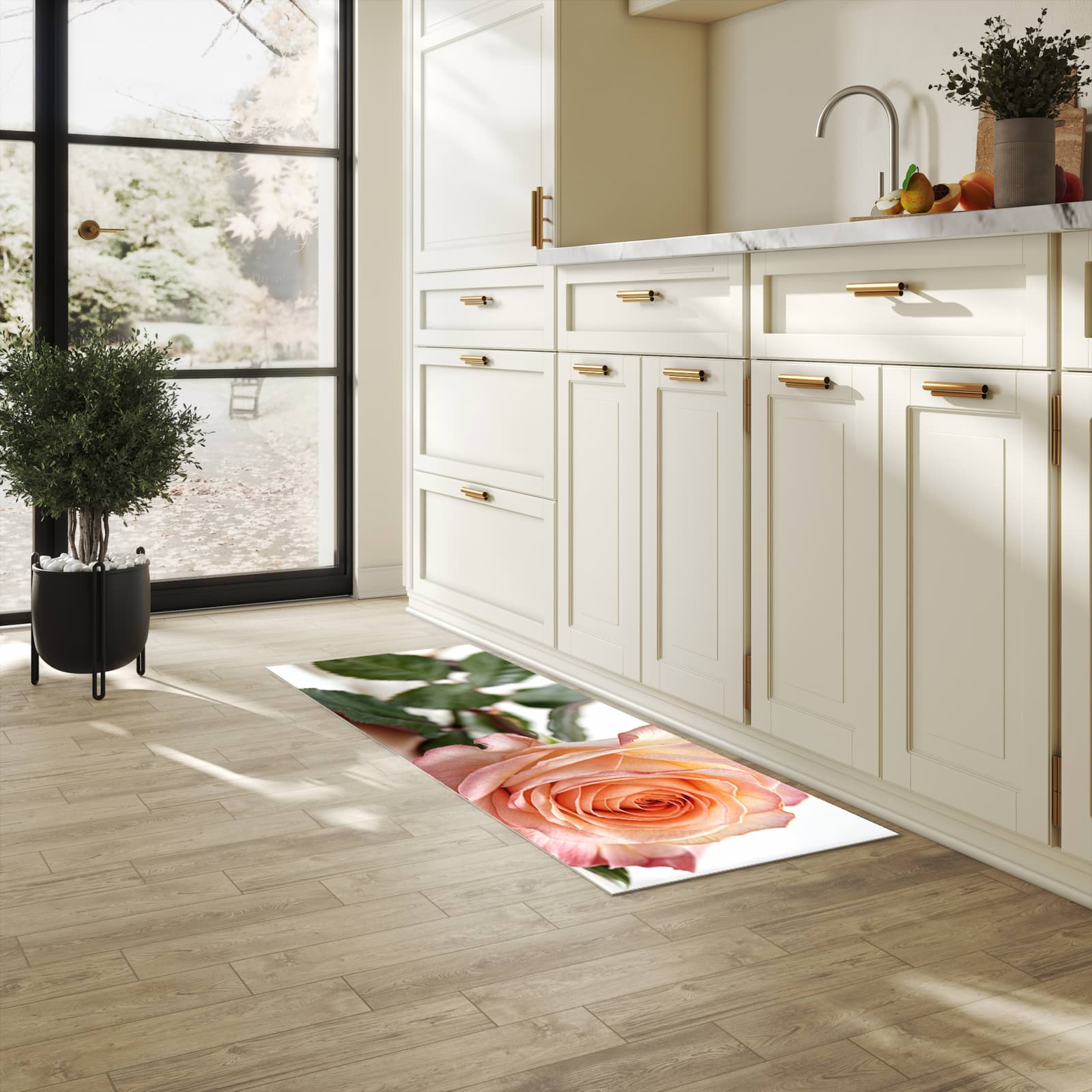 Flacher rutschfester Küchenläufer mit Motiv Elegante Rose Blüte in heller Küche