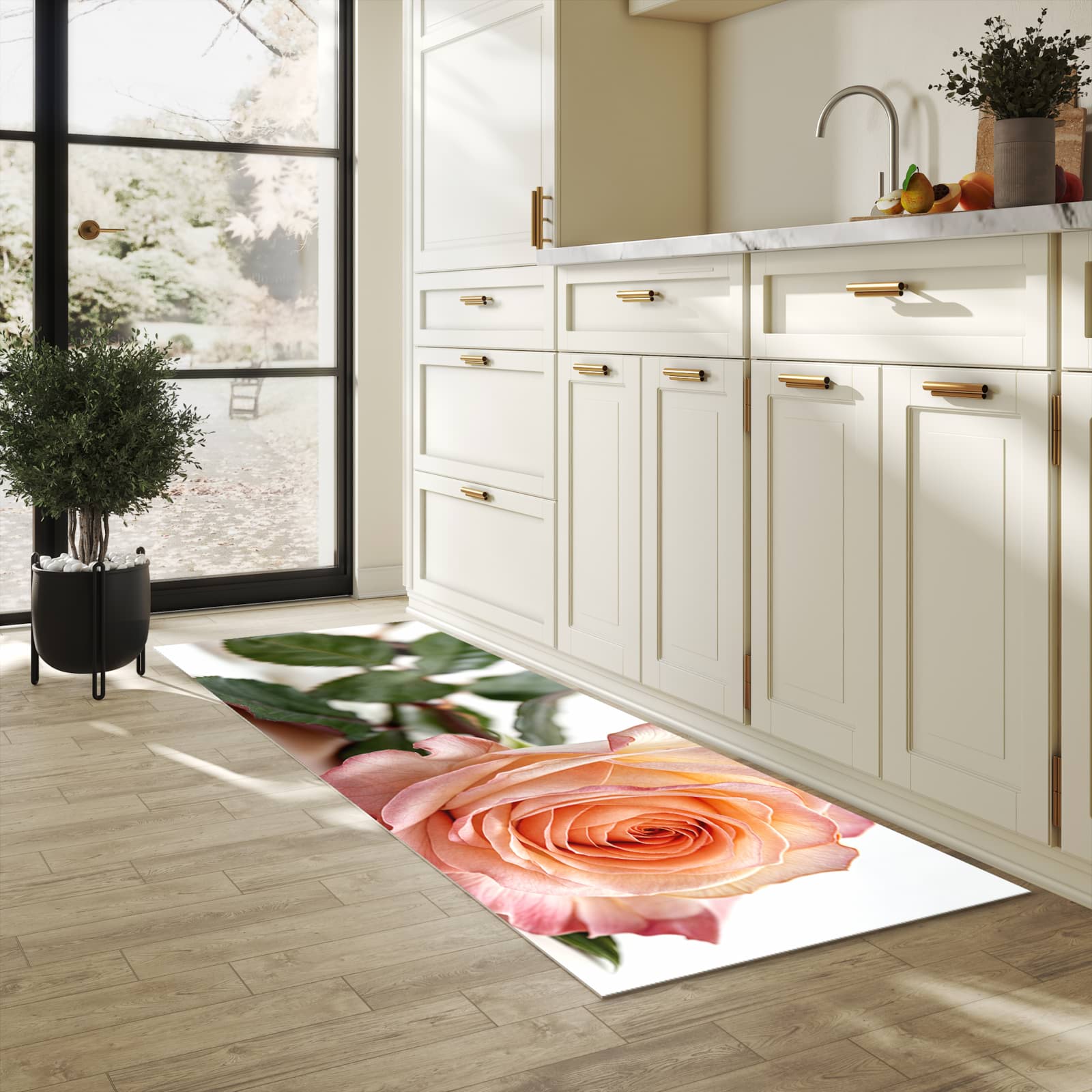 Hygienischer moderner Küchenläufer mit Motiv Elegante Rose Blüte in heller Küche