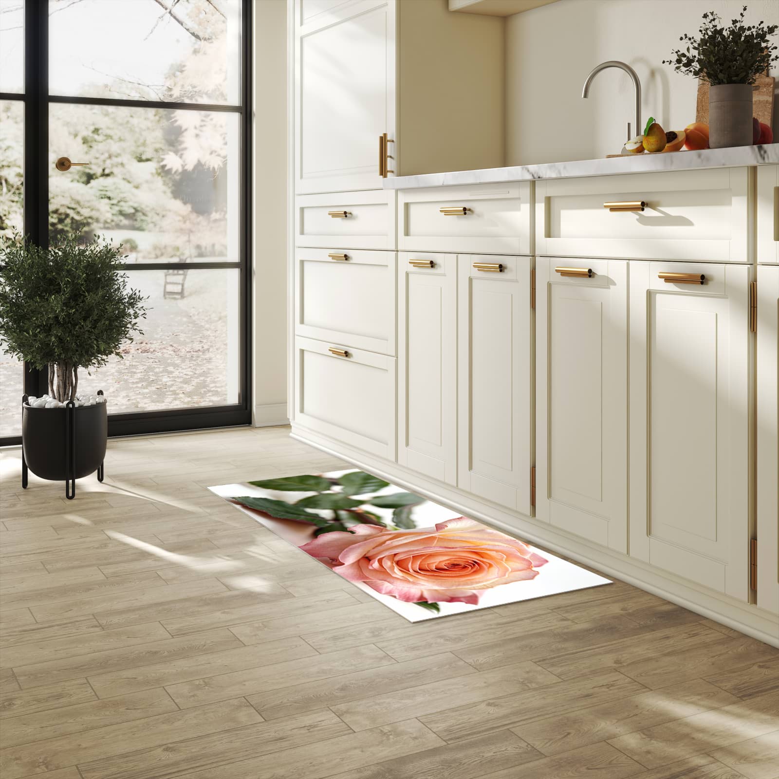 Langlebiger rutschfester Küchenläufer mit Motiv Elegante Rose Blüte in heller Küche