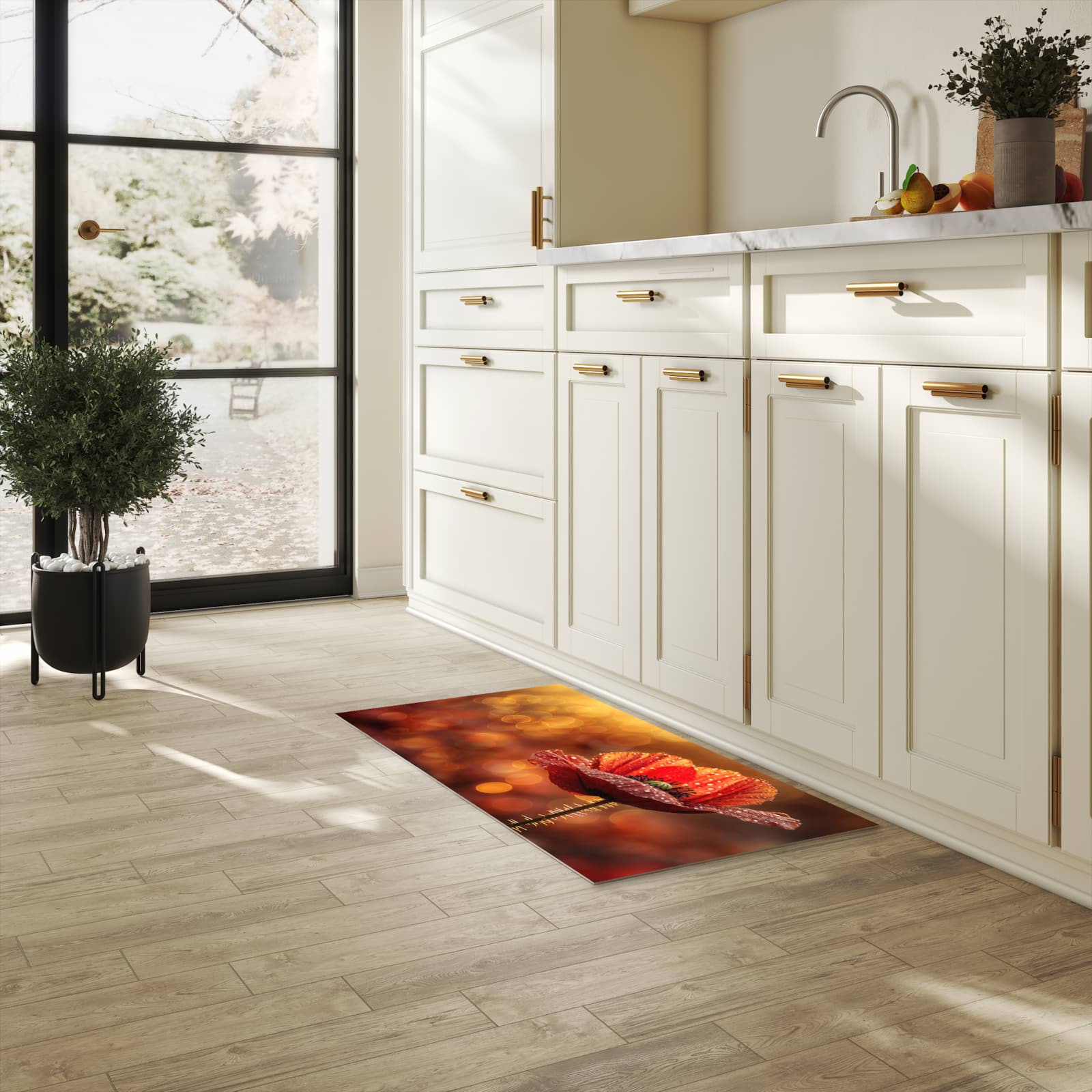 Küchenteppich mit Motiv Blühende Mohnblume für Ordnung & Übersicht in heller Küche