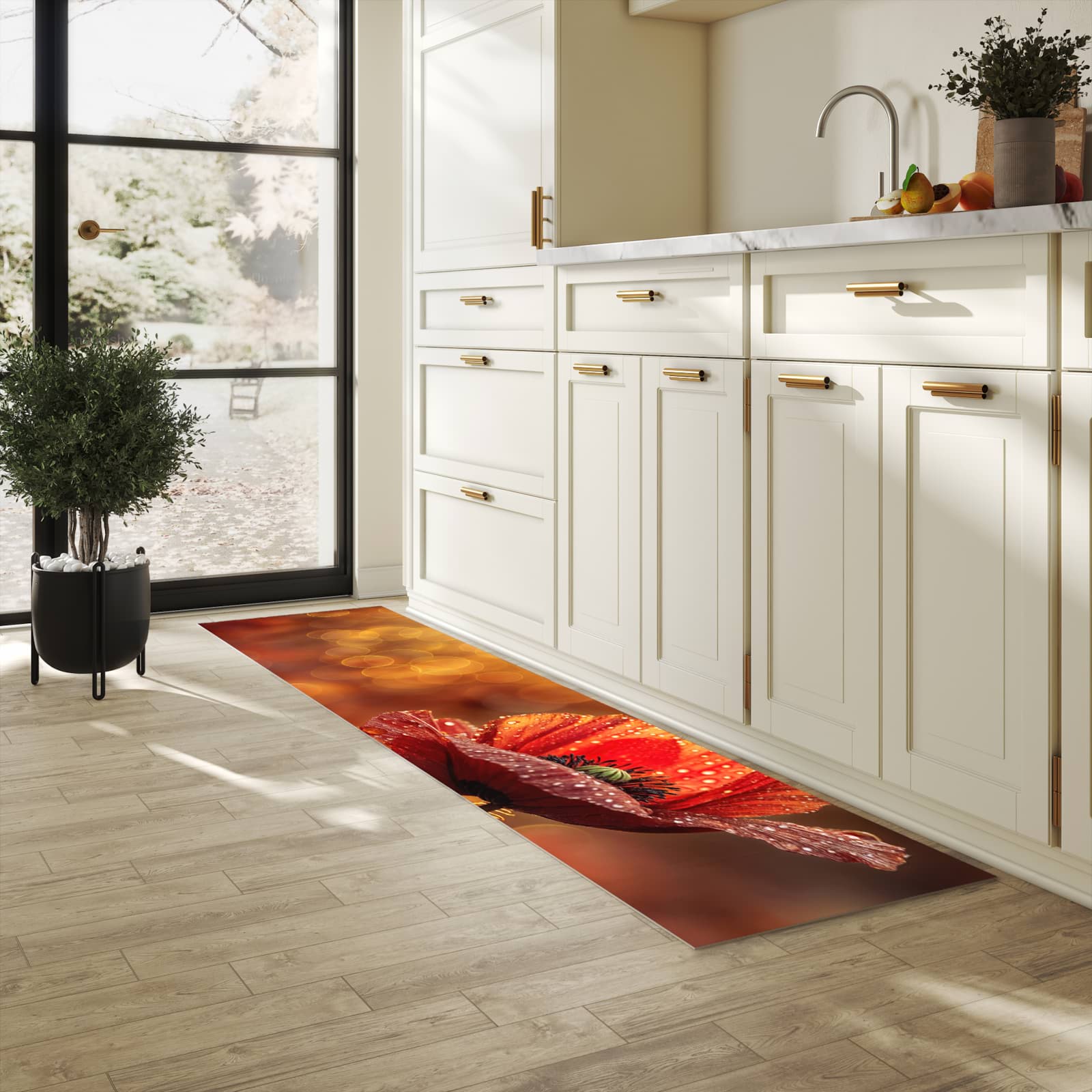 Küchenteppich mit Motiv Blühende Mohnblume in heller Küche für sicheres Aufbewahren