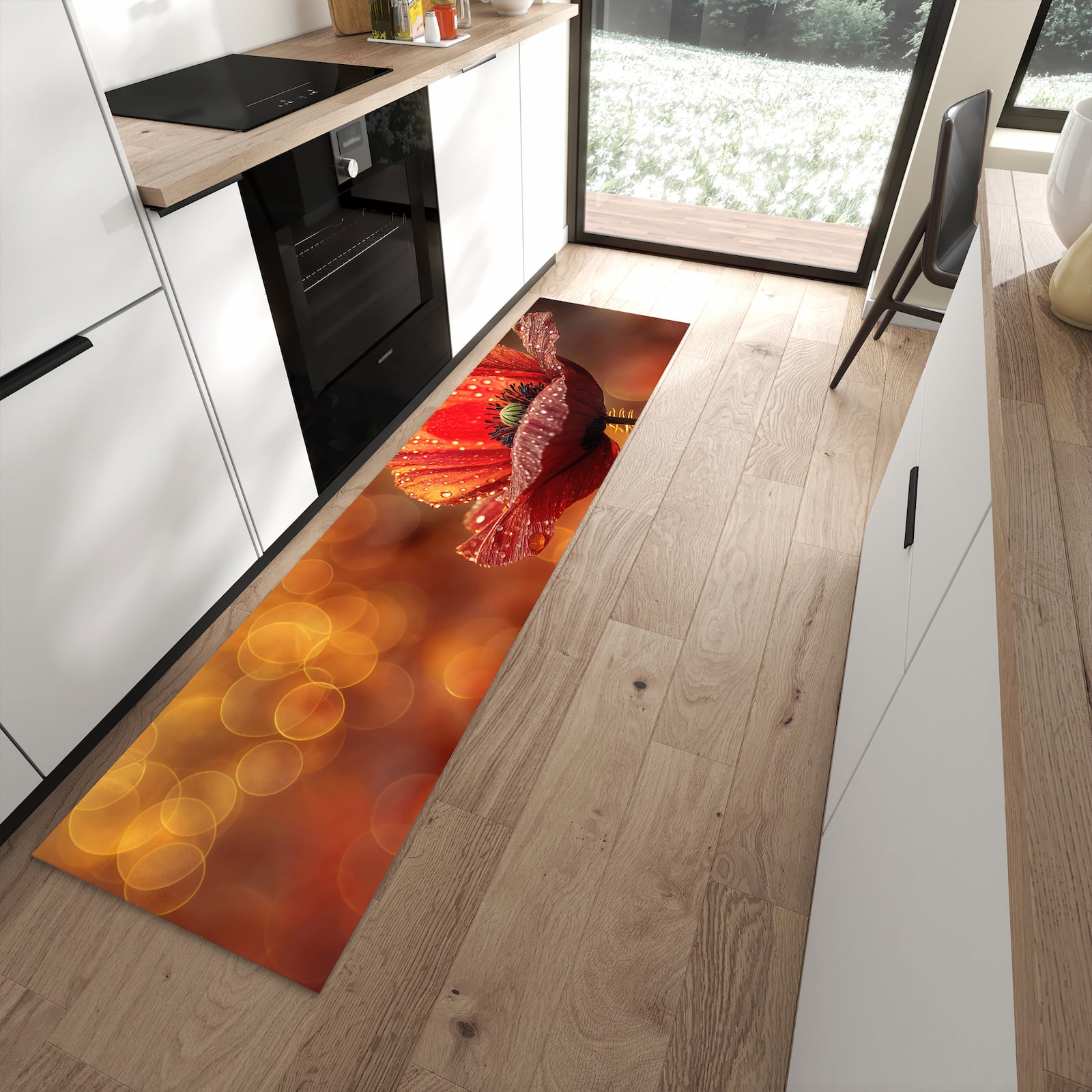Pflegeleichter großer Küchenteppich mit Motiv Blühende Mohnblume in moderner Küche