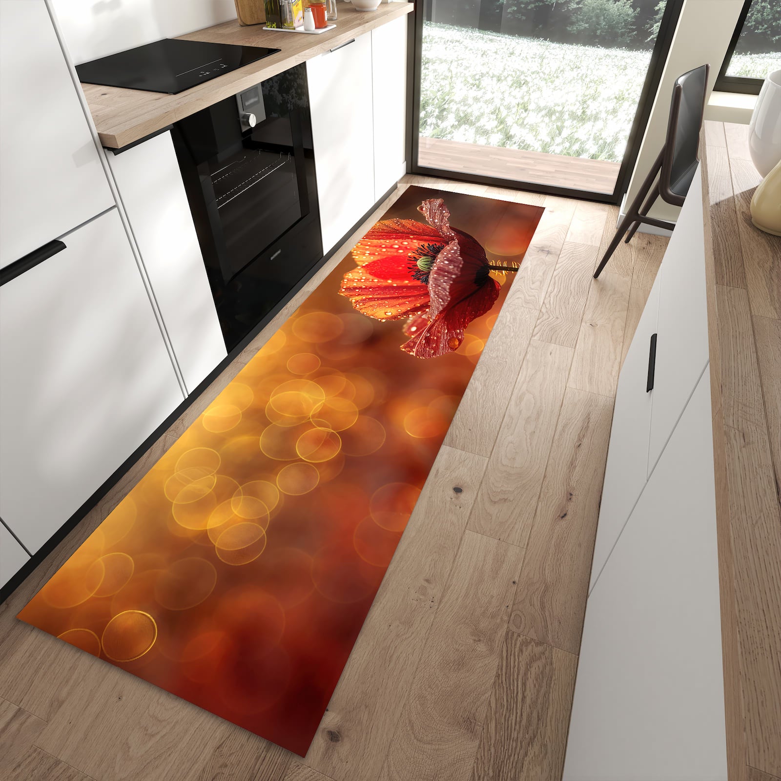 Rutschfester Küchenläufer mit Motiv Blühende Mohnblume in moderner Küche