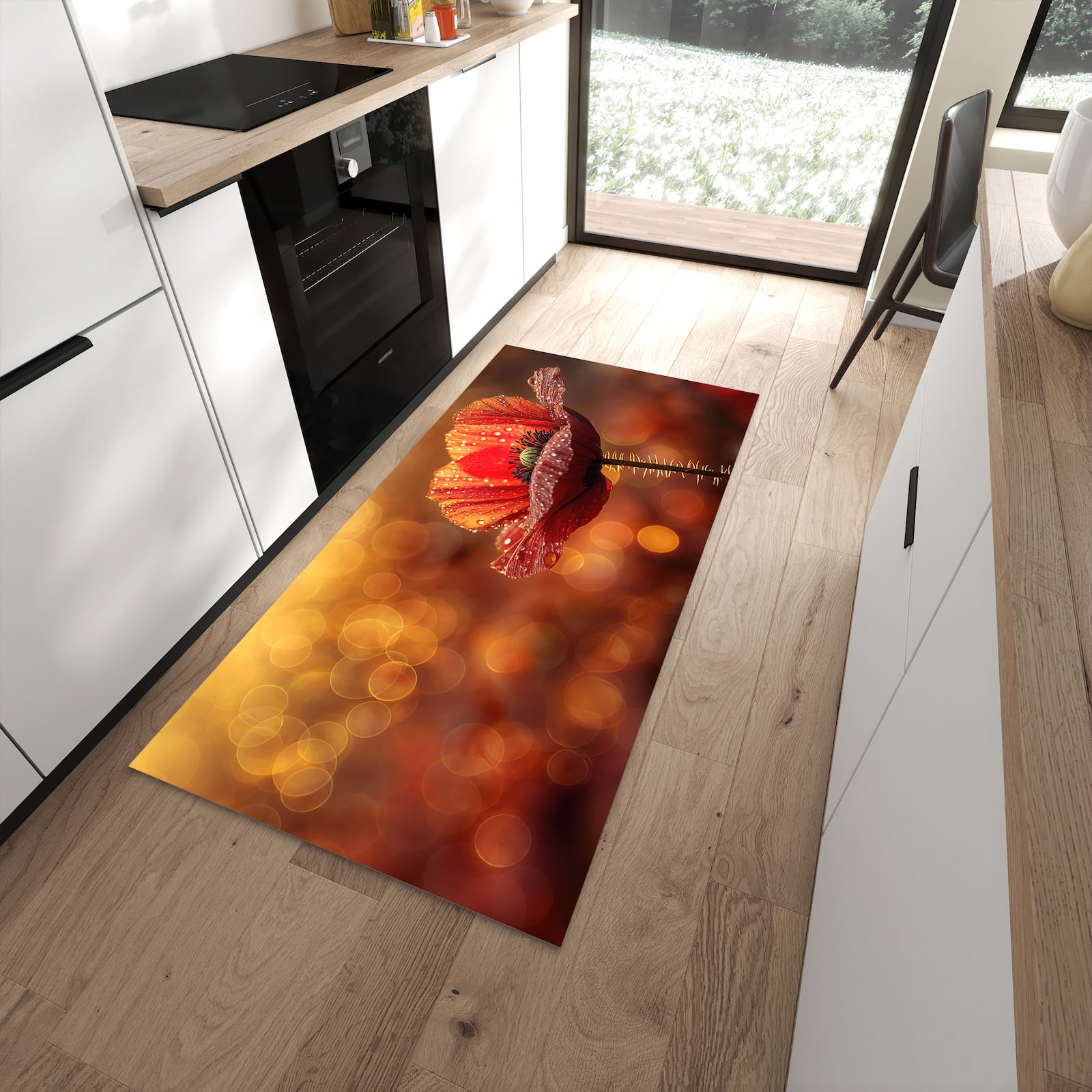 Bodenschonender rutschfester Küchenläufer mit Motiv Blühende Mohnblume in moderner Küche