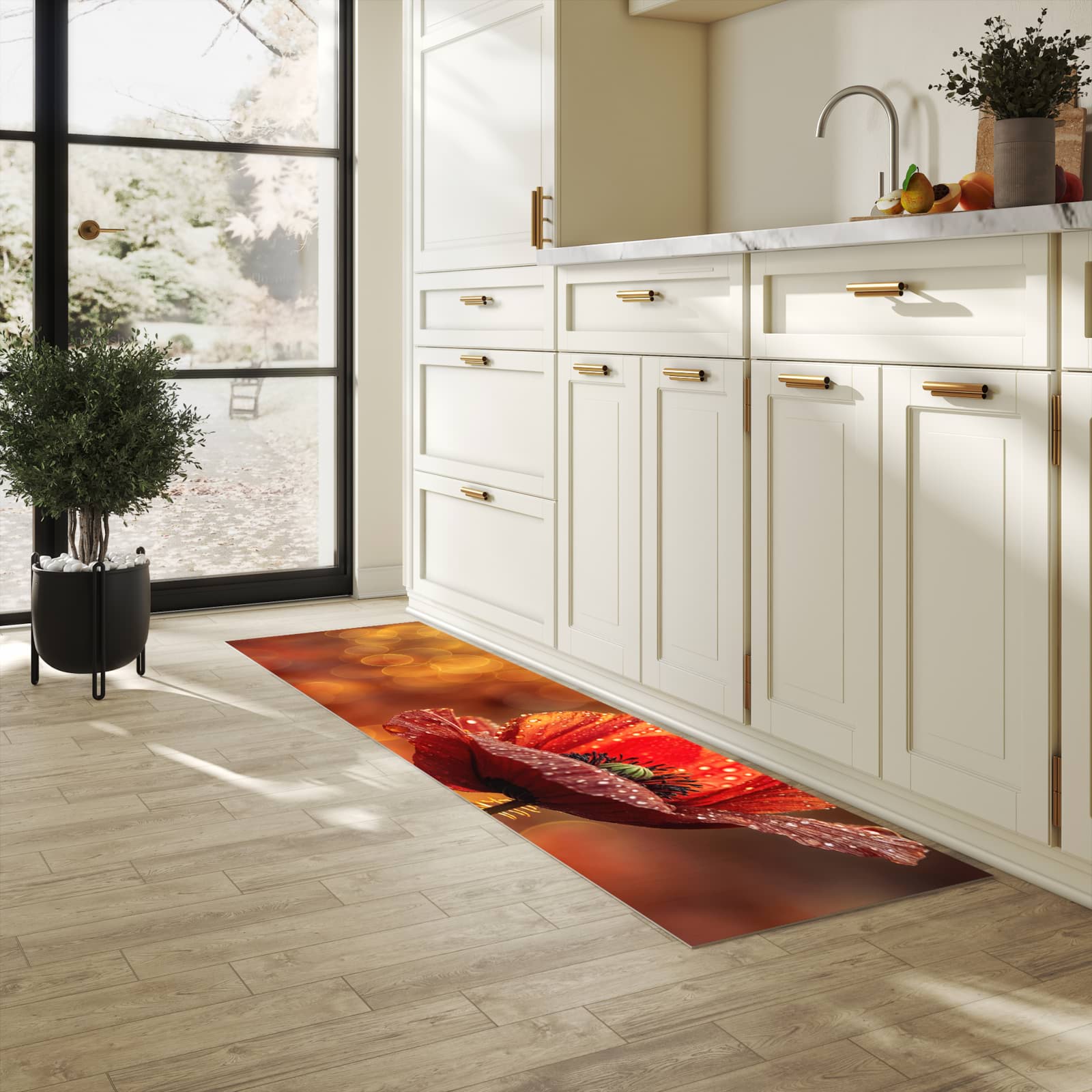Formstabiler rutschfester Küchenteppich mit Motiv Blühende Mohnblume in heller Küche