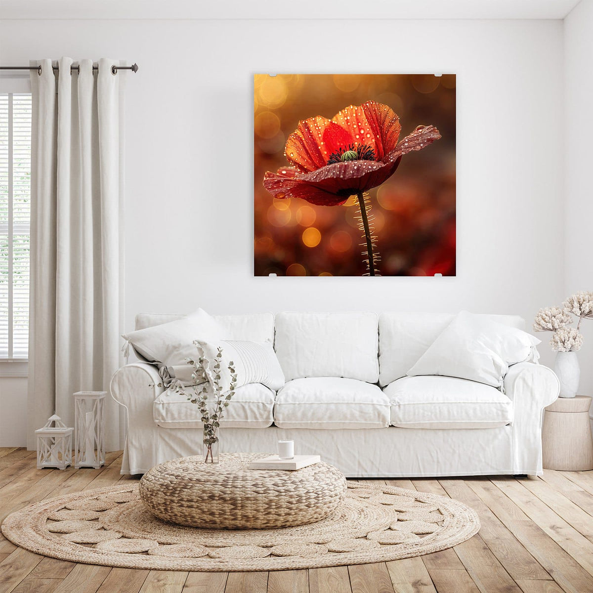 Glasbild Blühende Mohnblume an der Wand – Rote Mohnblume mit Tautropfen vor goldenem Bokeh