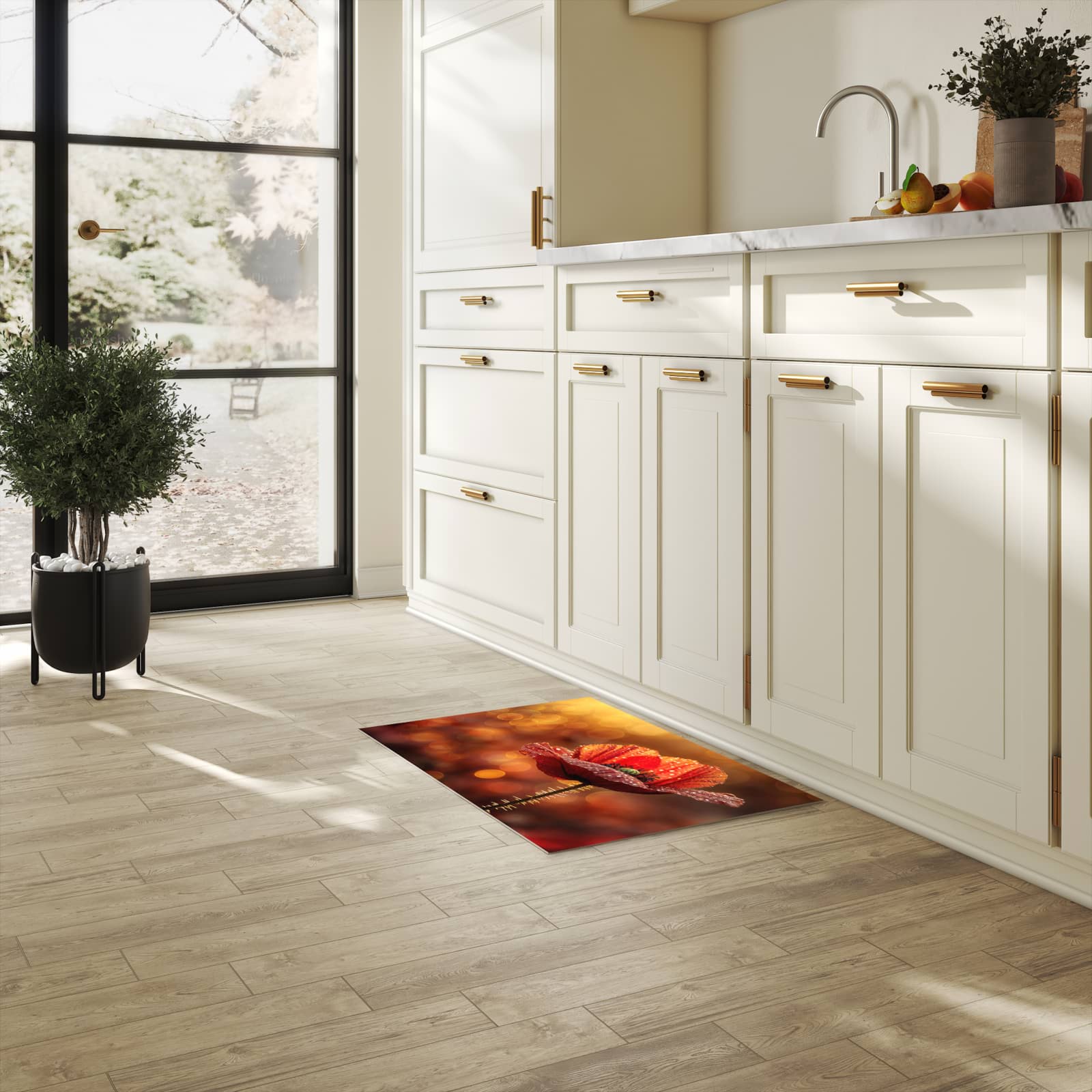 Geräuschdämpfender waschbarer Küchenteppich mit Motiv Blühende Mohnblume in heller Küche