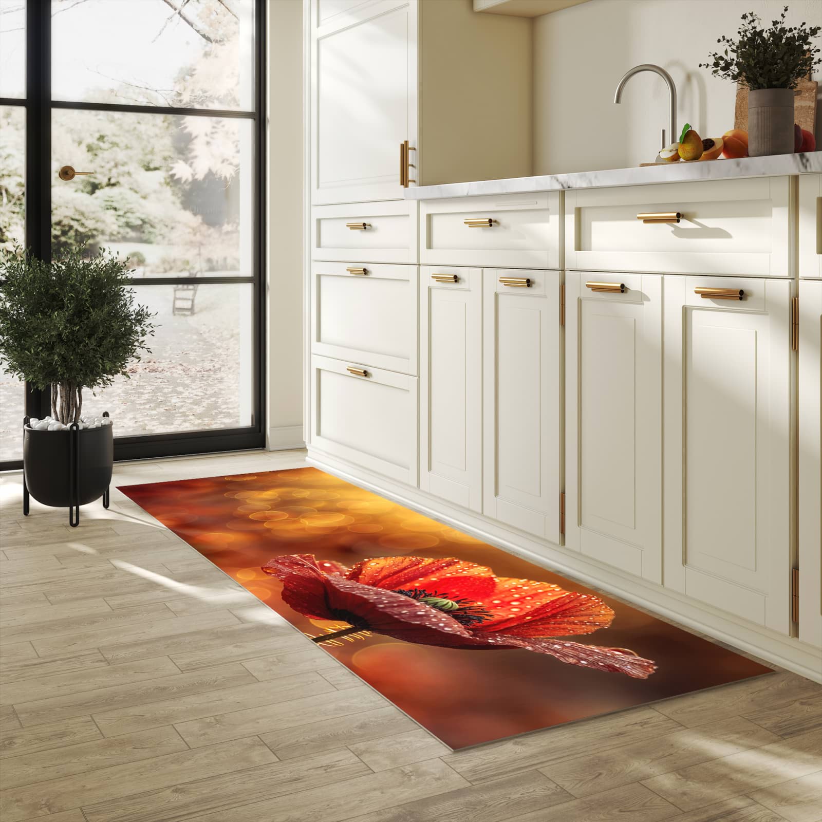 UV-beständiger Küchenteppich mit Motiv Blühende Mohnblume in heller Küche