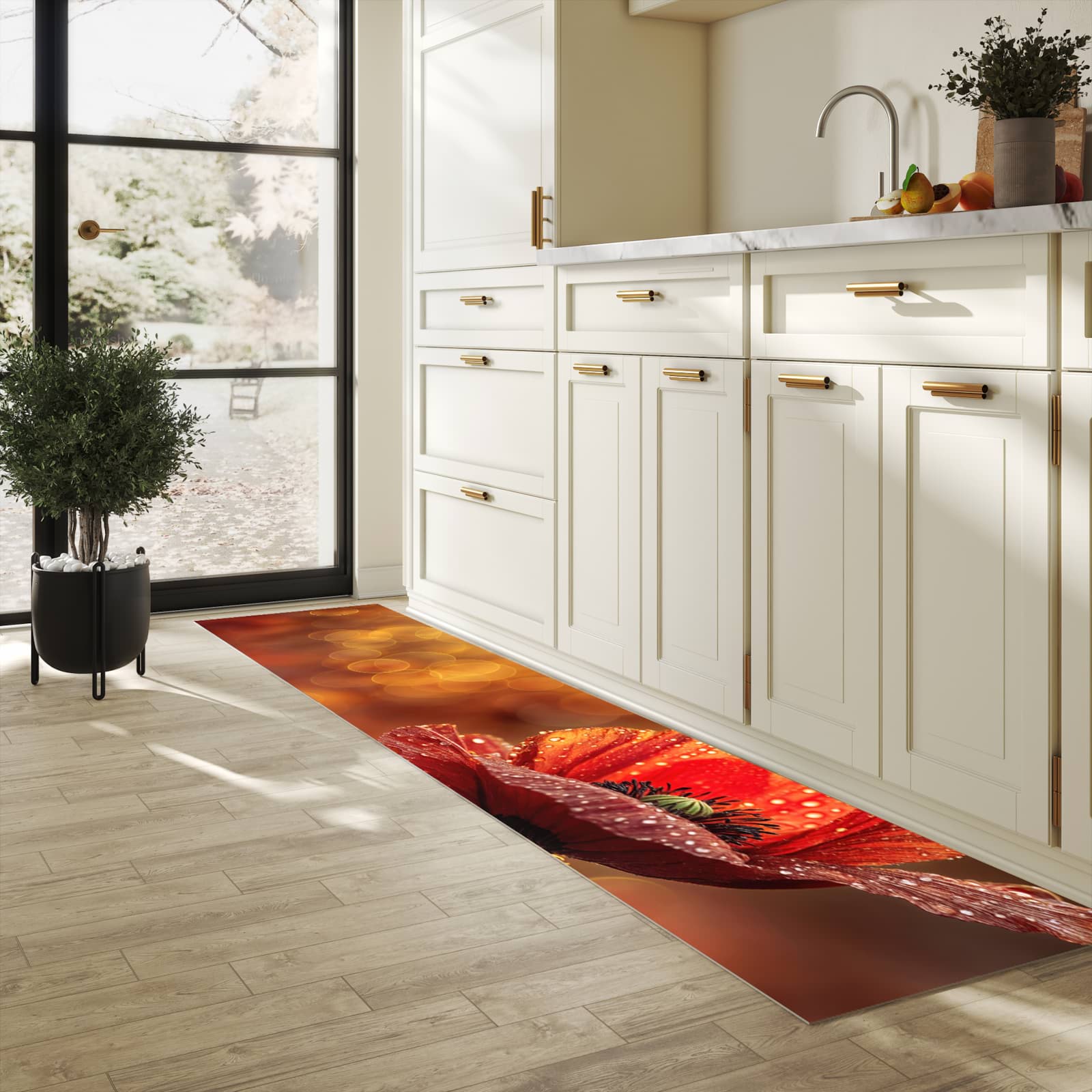 Zeitsparender Küchenteppich mit Motiv Blühende Mohnblume in heller Küche - leicht waschbar