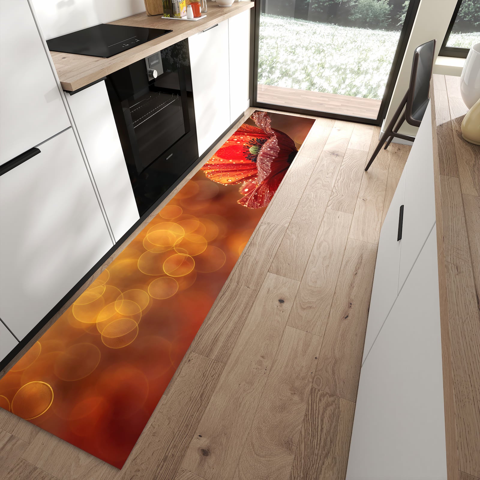 Hygienischer Küchenteppich mit Motiv Blühende Mohnblume in moderner Küche - waschbar