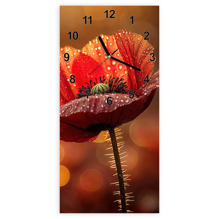 Wanduhr Blühende Mohnblume aus Glas – Hochformat 30 × 60 cm mit Ziffernblatt Modern