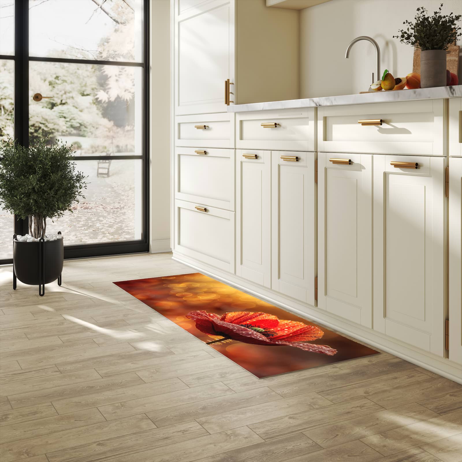 Farbbeständiger Küchenteppich mit Motiv Blühende Mohnblume in heller Küche