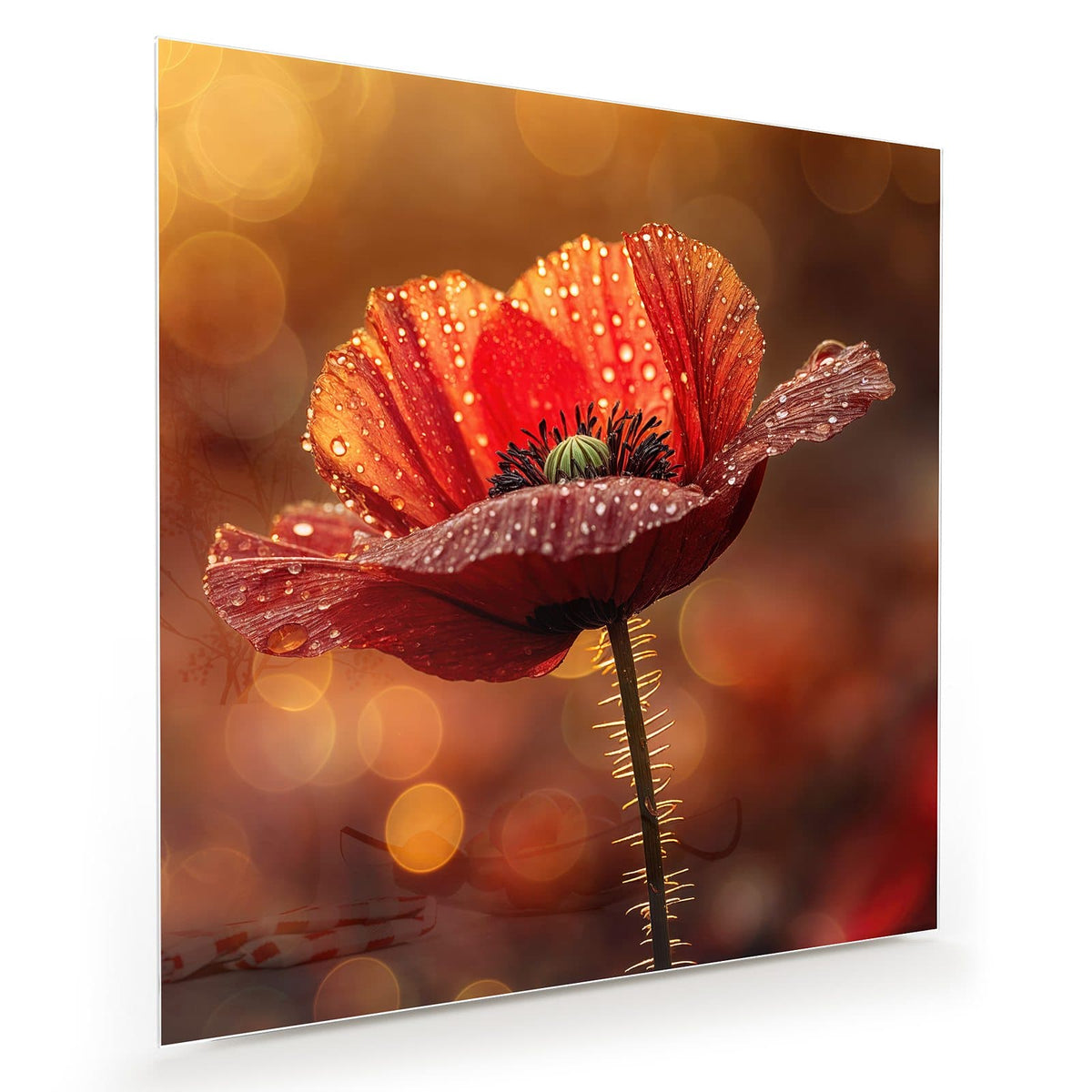 Rote Mohnblume mit Tautropfen vor goldenem Bokeh