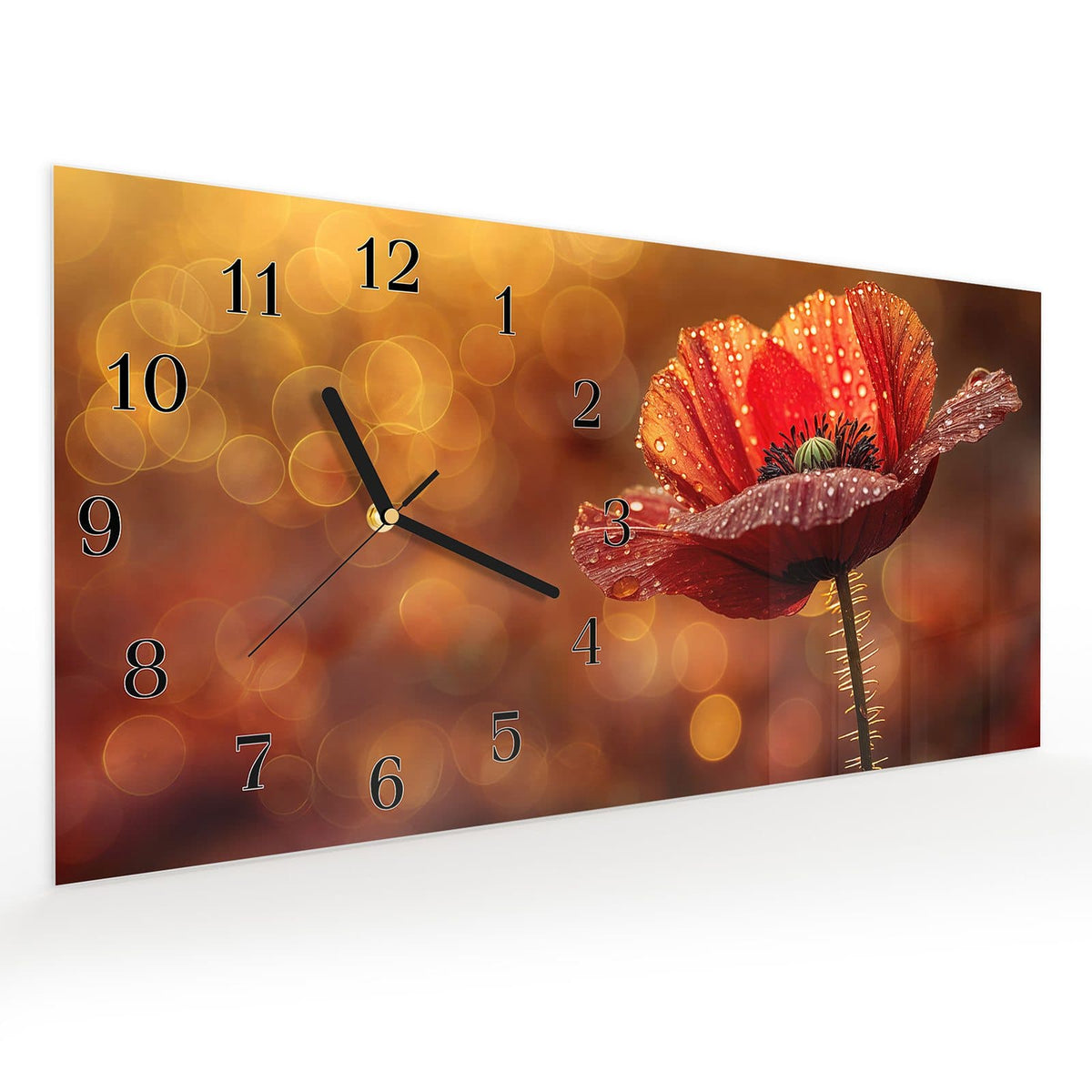 Vormontiert – mit Schwebeeffekt – Wanduhr Blühende Mohnblume aus Glas – Querformat 60 × 30 cm