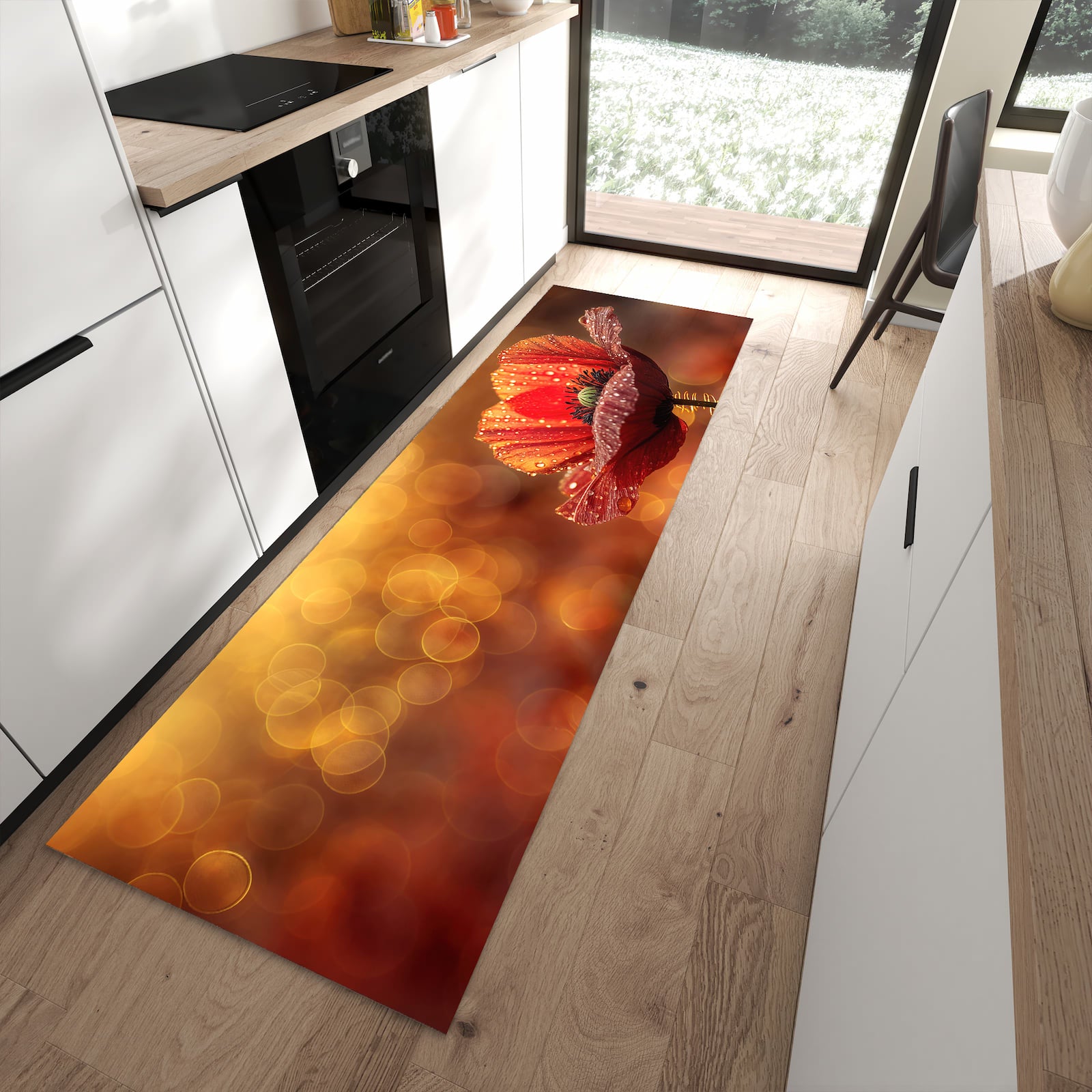 Langlebiger Küchenläufer mit Motiv Blühende Mohnblume in moderner Küche