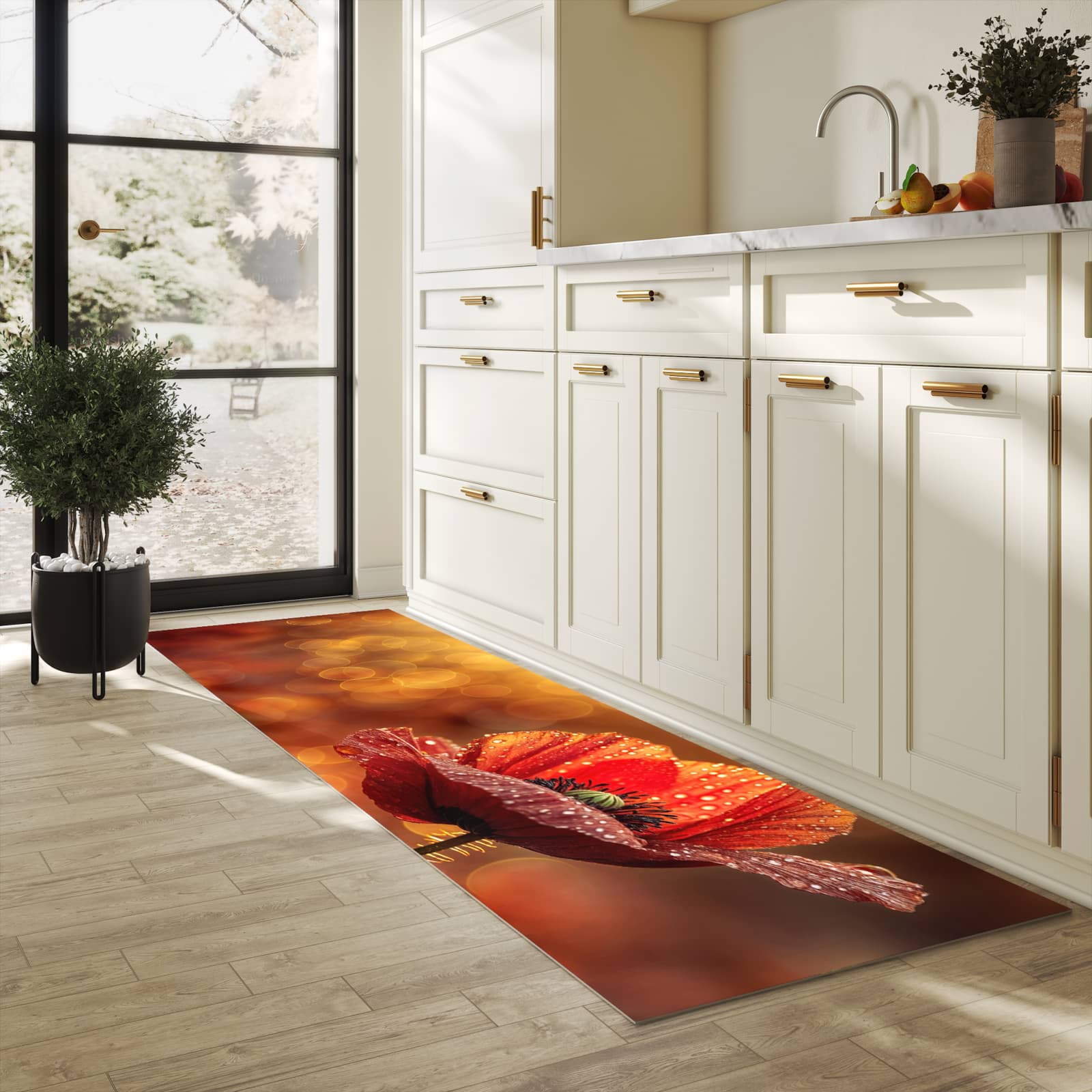 Waschbarer Küchenteppich mit Motiv Blühende Mohnblume für Trittkomfort in heller Küche