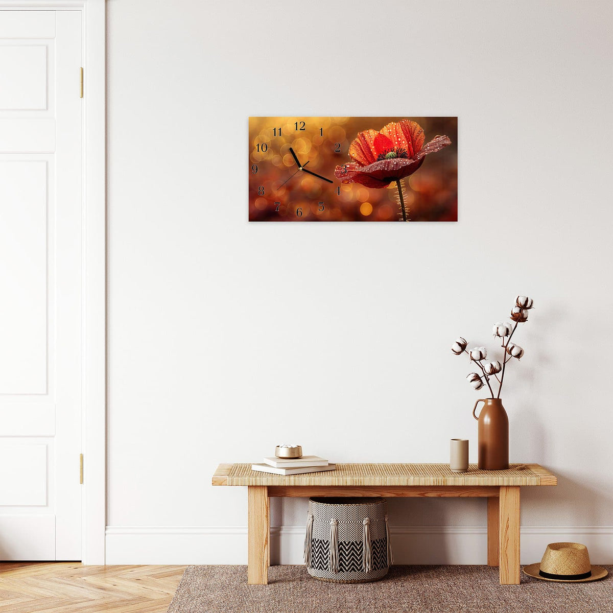 Moderne Wanduhr aus Glas mit Farbtiefe – Wanduhr Blühende Mohnblume aus Glas – Querformat 60 × 30 cm
