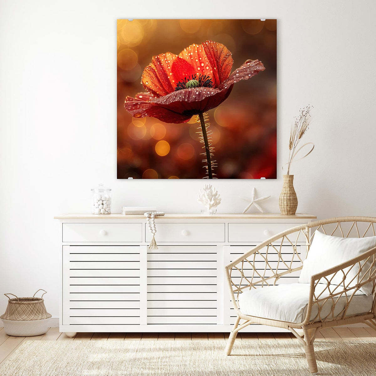 Echtglas, 4 mm – kein Acryl, keine Folie – Wandbild - Blühende Mohnblume - Quadratisch