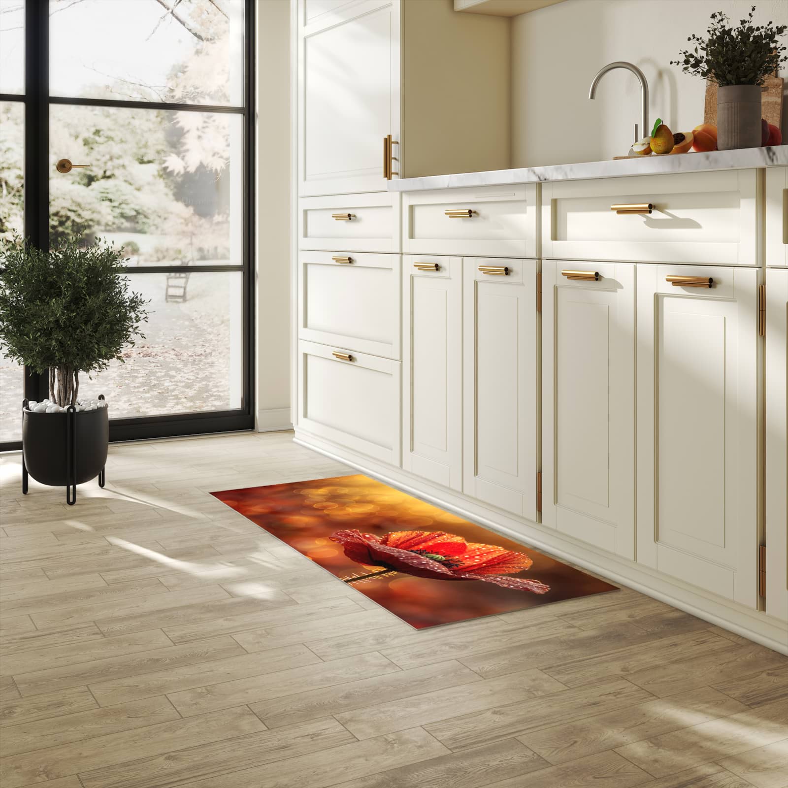 Bodenschonender waschbarer Küchenteppich mit Motiv Blühende Mohnblume in heller Küche